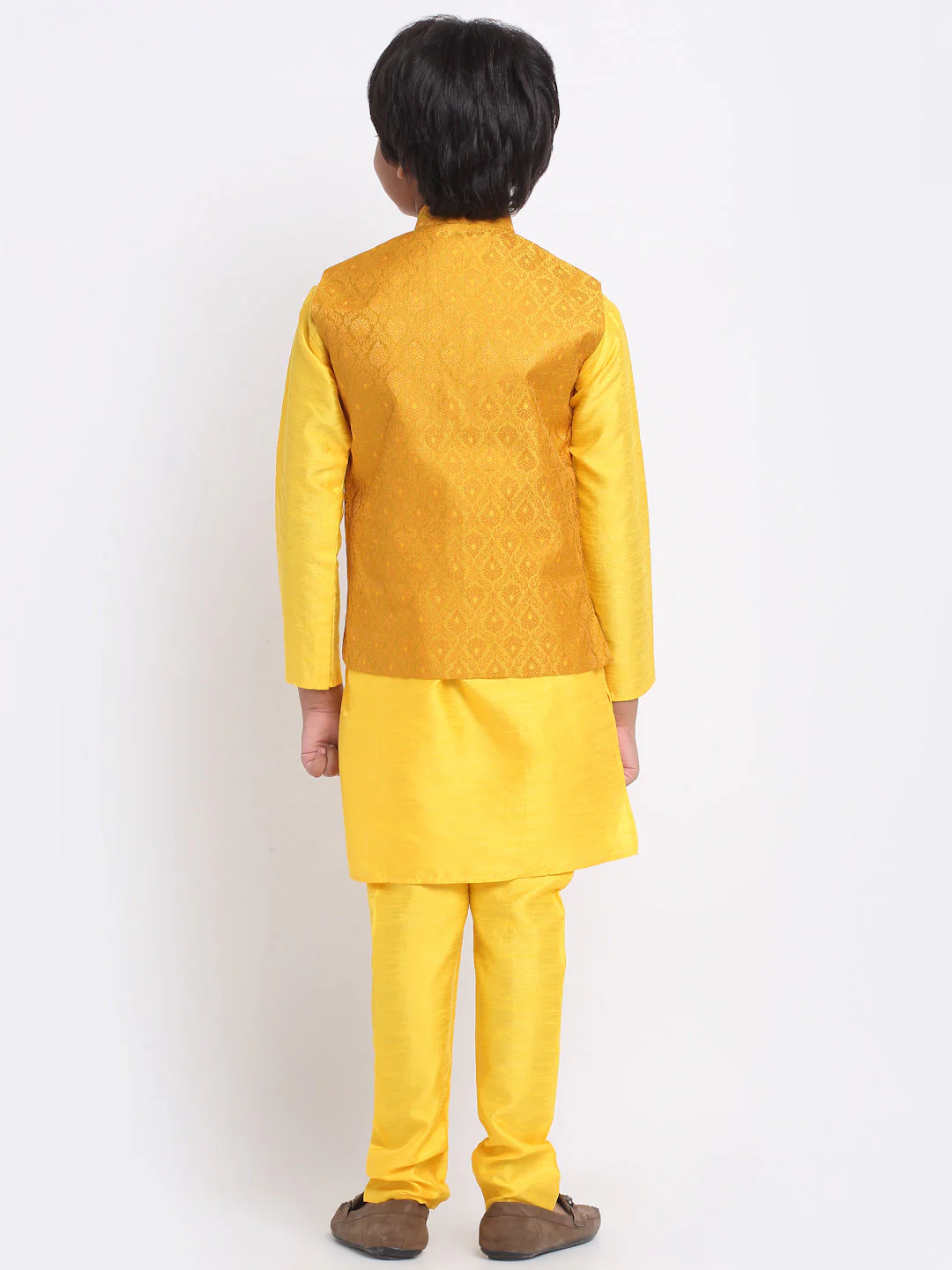 KRAFT INDIA Boys Yellow Silk Blend Kurta and Churidar with Jacquard Yellow Nehru jacket - Image 3