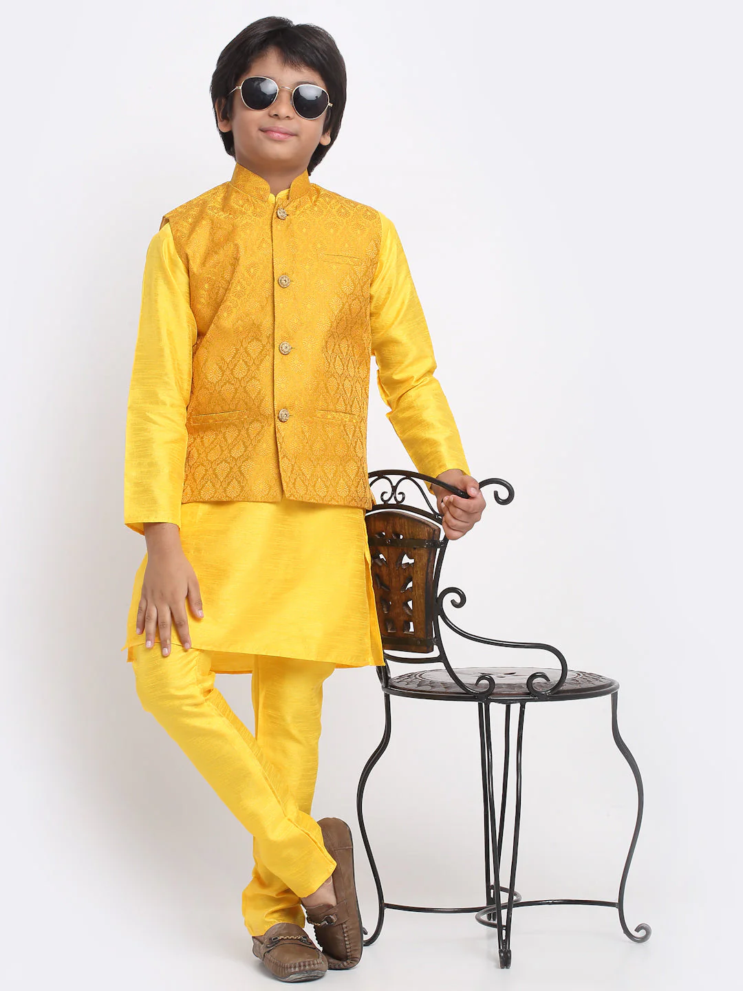KRAFT INDIA Boys Yellow Silk Blend Kurta and Churidar with Jacquard Yellow Nehru jacket - Image 4
