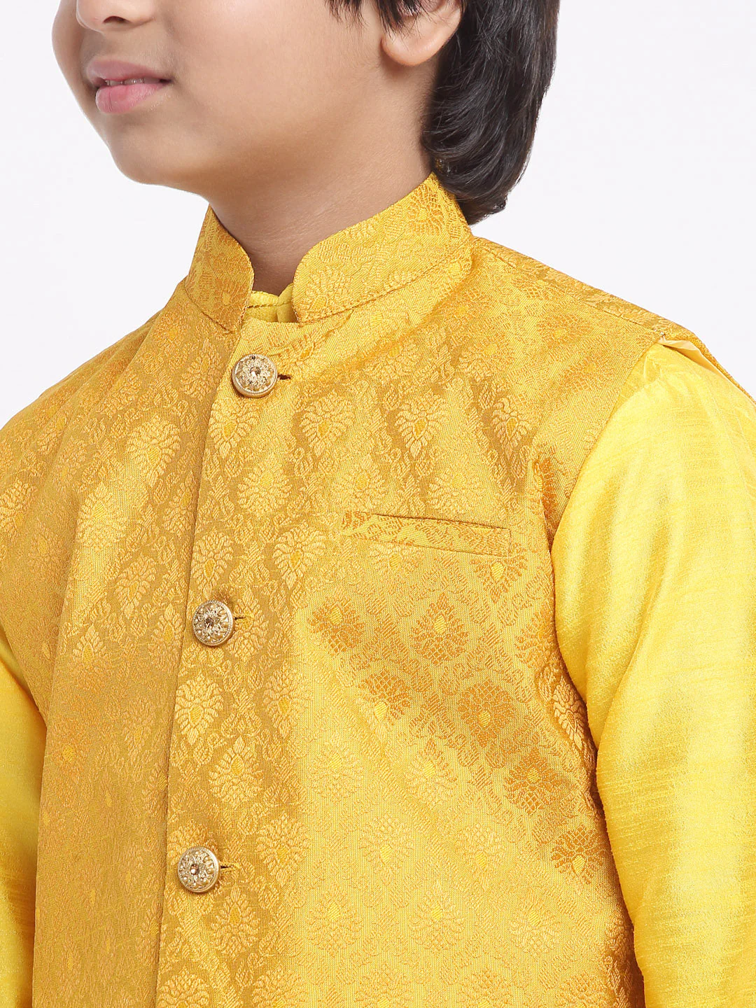 KRAFT INDIA Boys Yellow Silk Blend Kurta and Churidar with Jacquard Yellow Nehru jacket - Image 5
