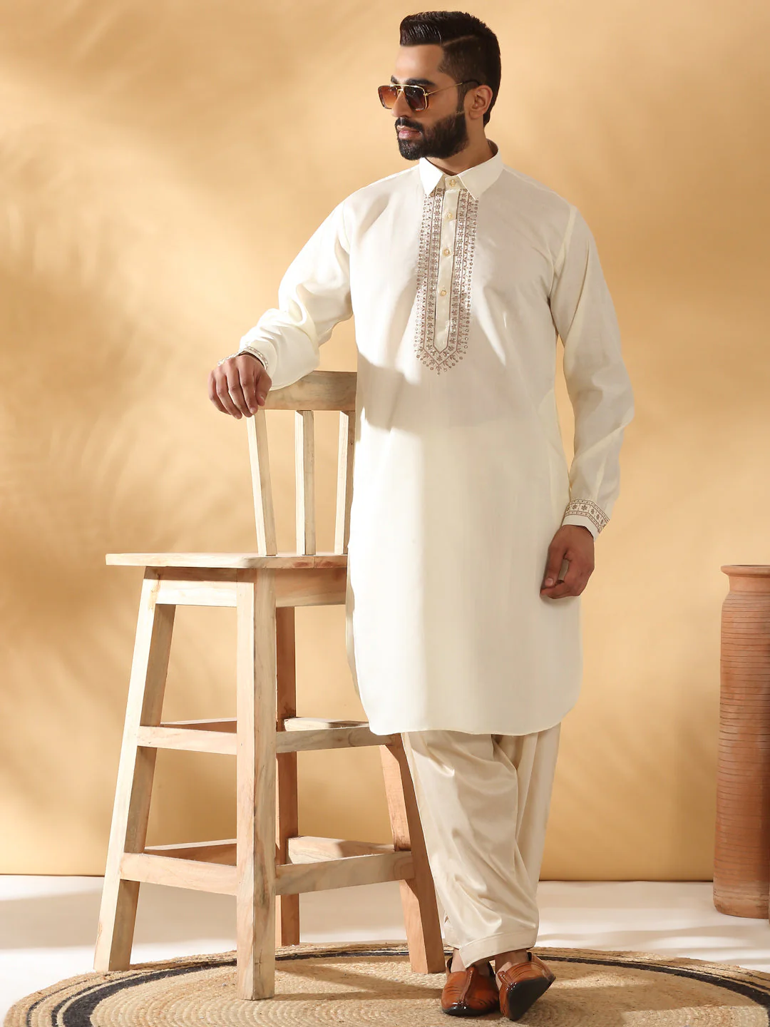 KRAFT INDIA Luxe Print Cotton Silk Yoke Design Kurta With Beige Elastic Waistband Salwar Set - Image 48