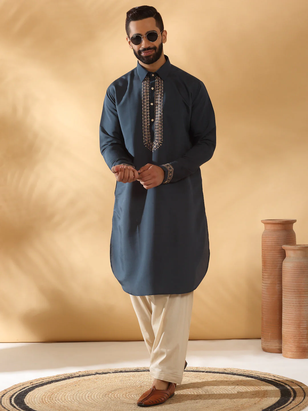 KRAFT INDIA Luxe Print Cotton Silk Yoke Design Kurta With Beige Elastic Waistband Salwar Set - Image 64