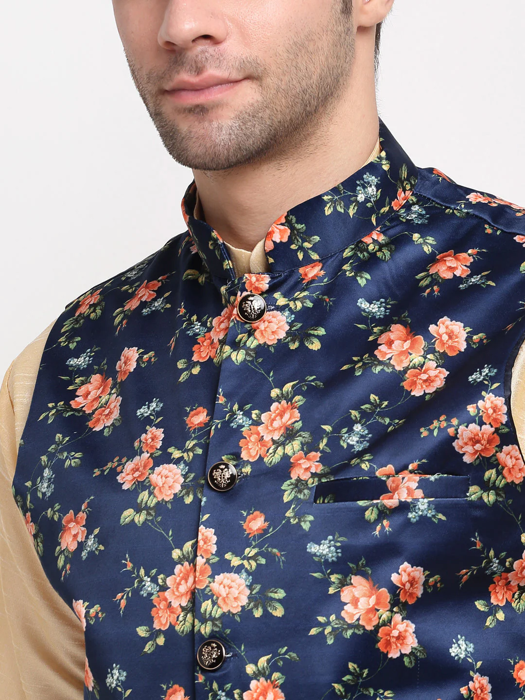 KRAFT INDIA Men Beige Kurta Churidar With Satin Floral Printed Nehru Jacket - Image 11