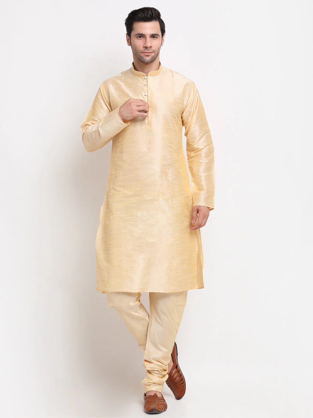 KRAFT INDIA Men Beige Kurta Churidar With Satin Floral Printed Nehru Jacket - Image 12