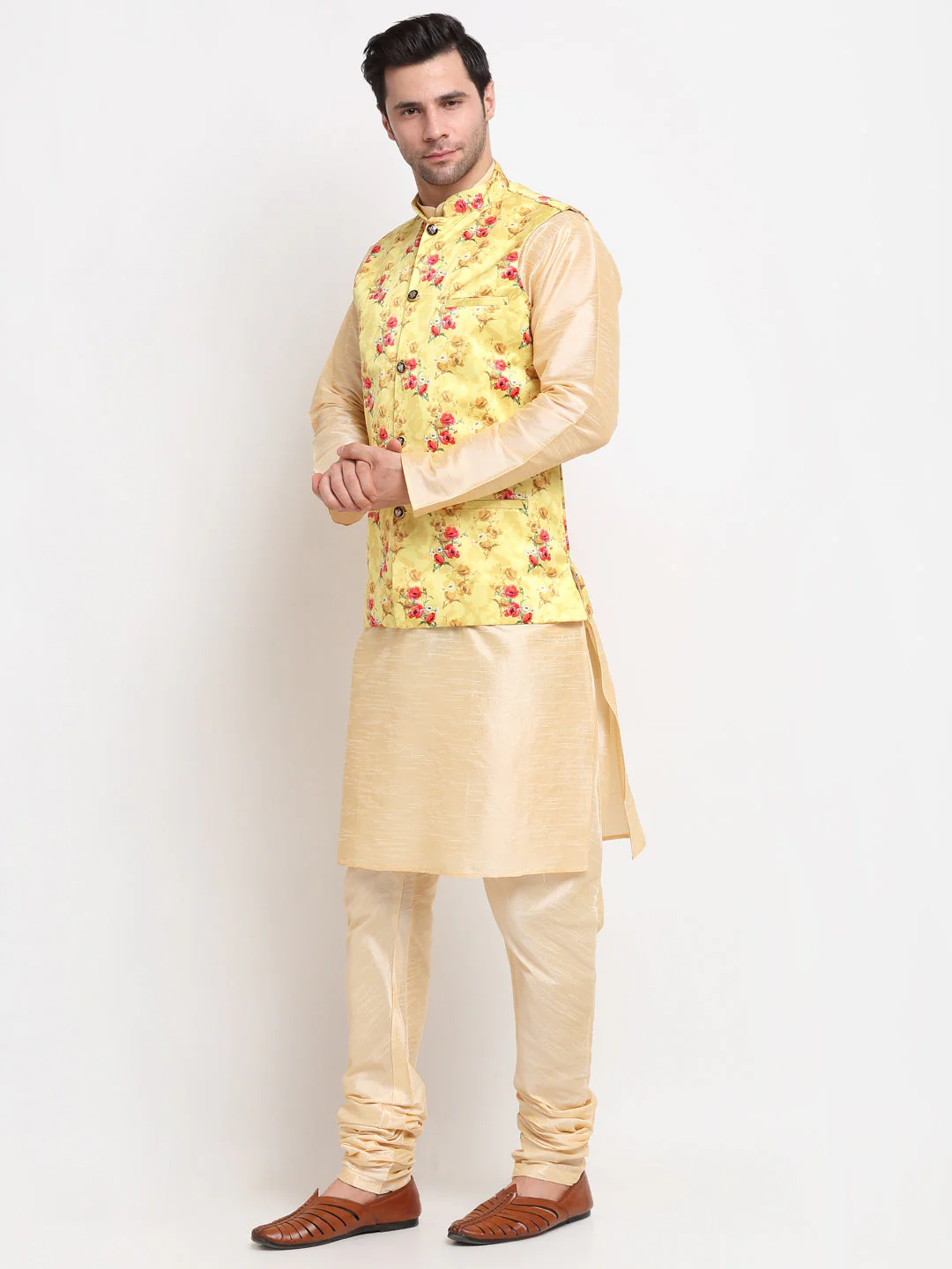 KRAFT INDIA Men Beige Kurta Churidar With Satin Floral Printed Nehru Jacket - Image 17