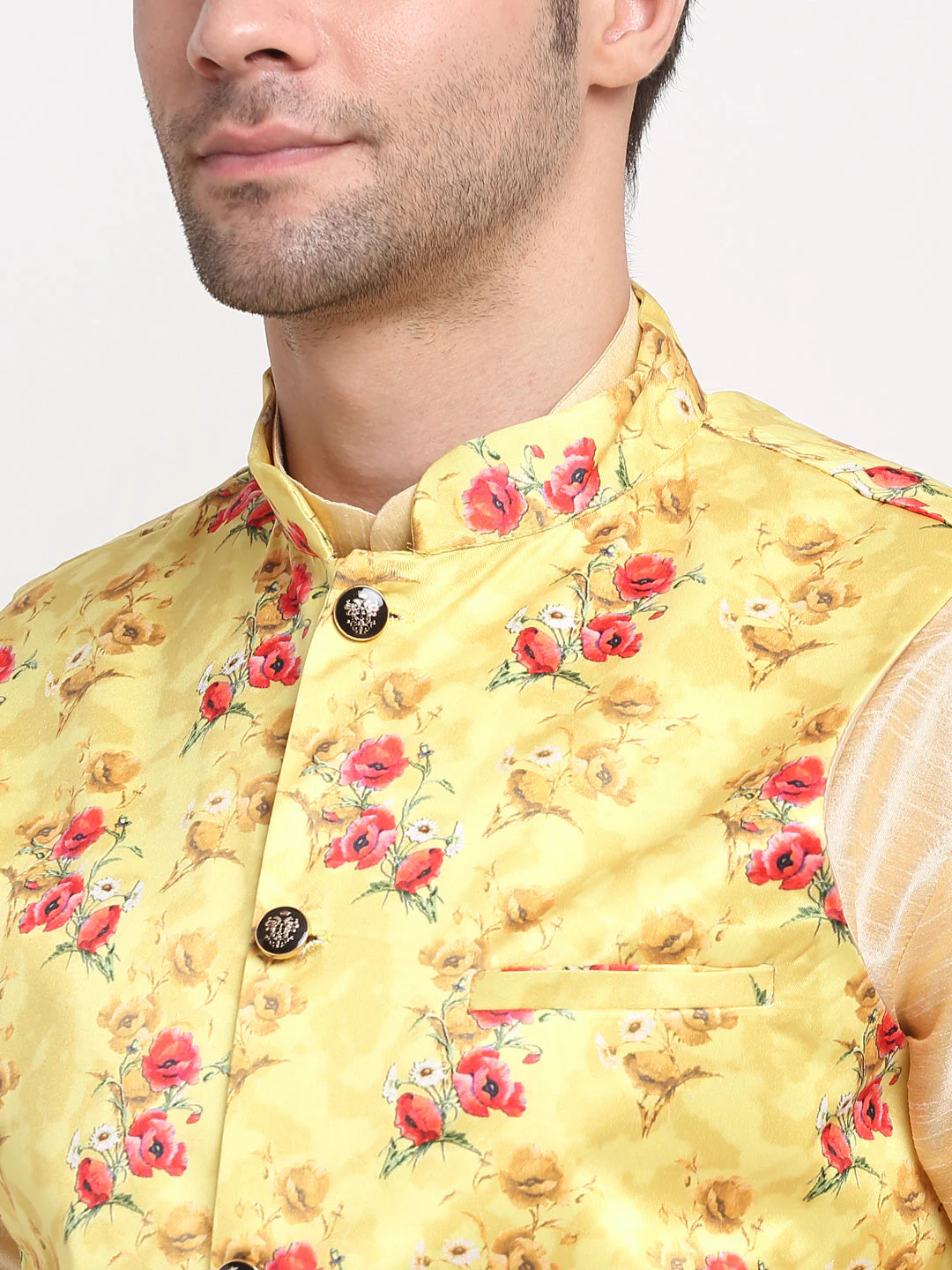 KRAFT INDIA Men Beige Kurta Churidar With Satin Floral Printed Nehru Jacket - Image 18