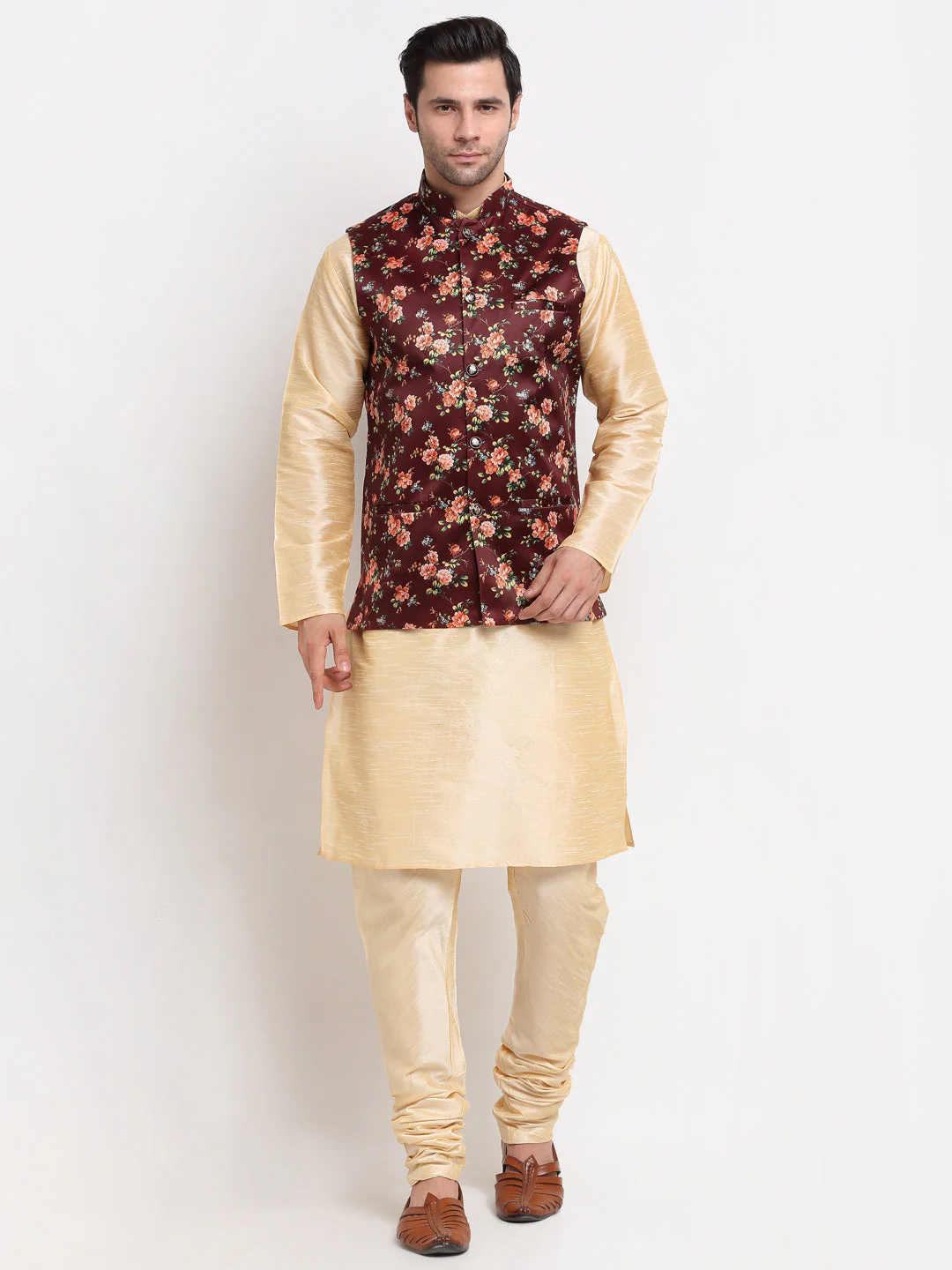 KRAFT INDIA Men Beige Kurta Churidar With Satin Floral Printed Nehru Jacket - Image 22