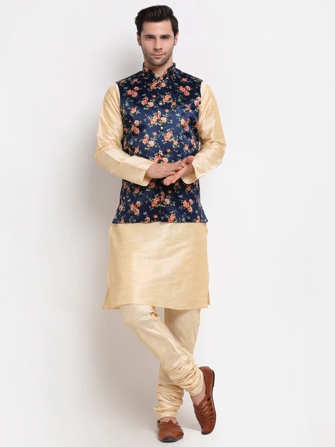 KRAFT INDIA Men Beige Kurta Churidar With Satin Floral Printed Nehru Jacket - Image 26