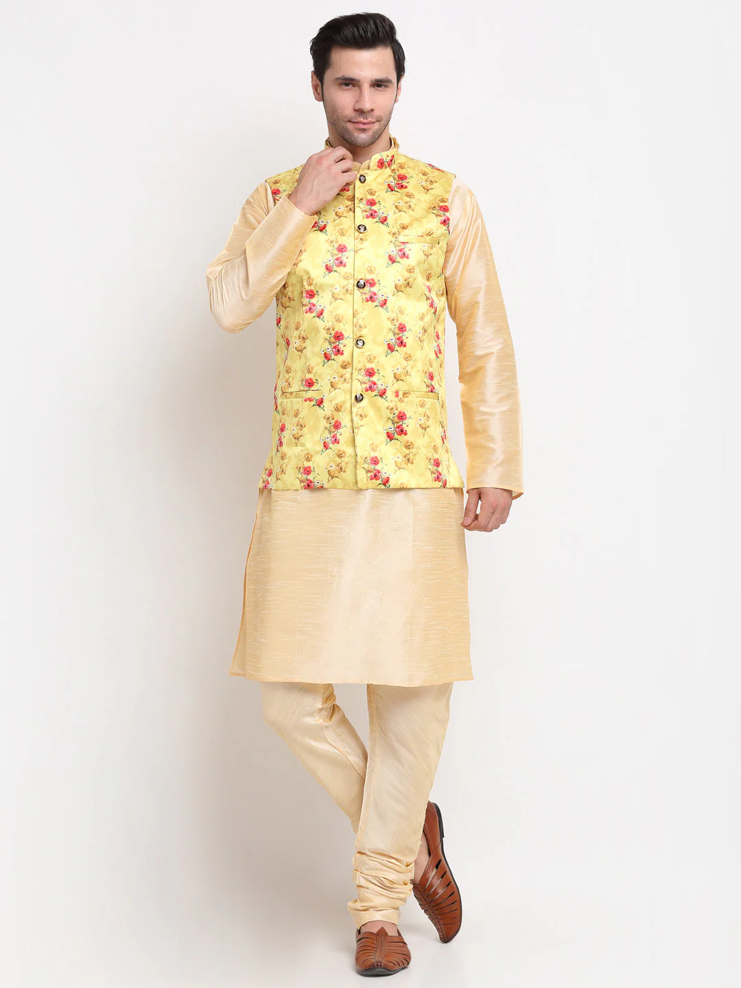 KRAFT INDIA Men Beige Kurta Churidar With Satin Floral Printed Nehru Jacket - Image 32