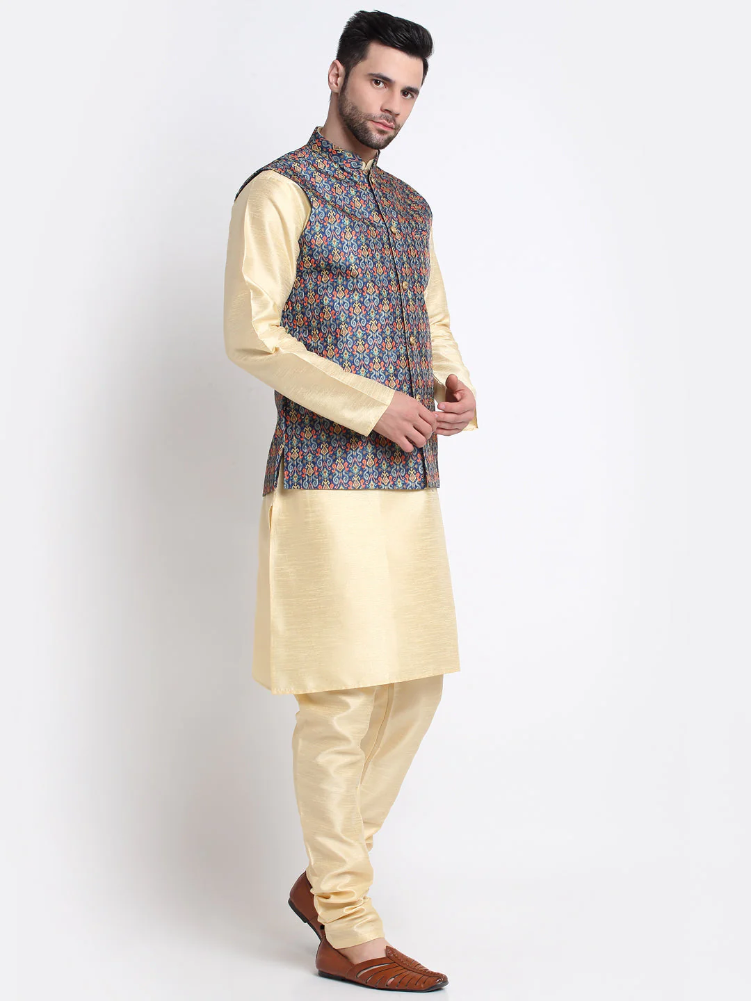 KRAFT INDIA Men Beige Silk Kurta Churidar With Blue Printed Nehru Jacket - Image 2