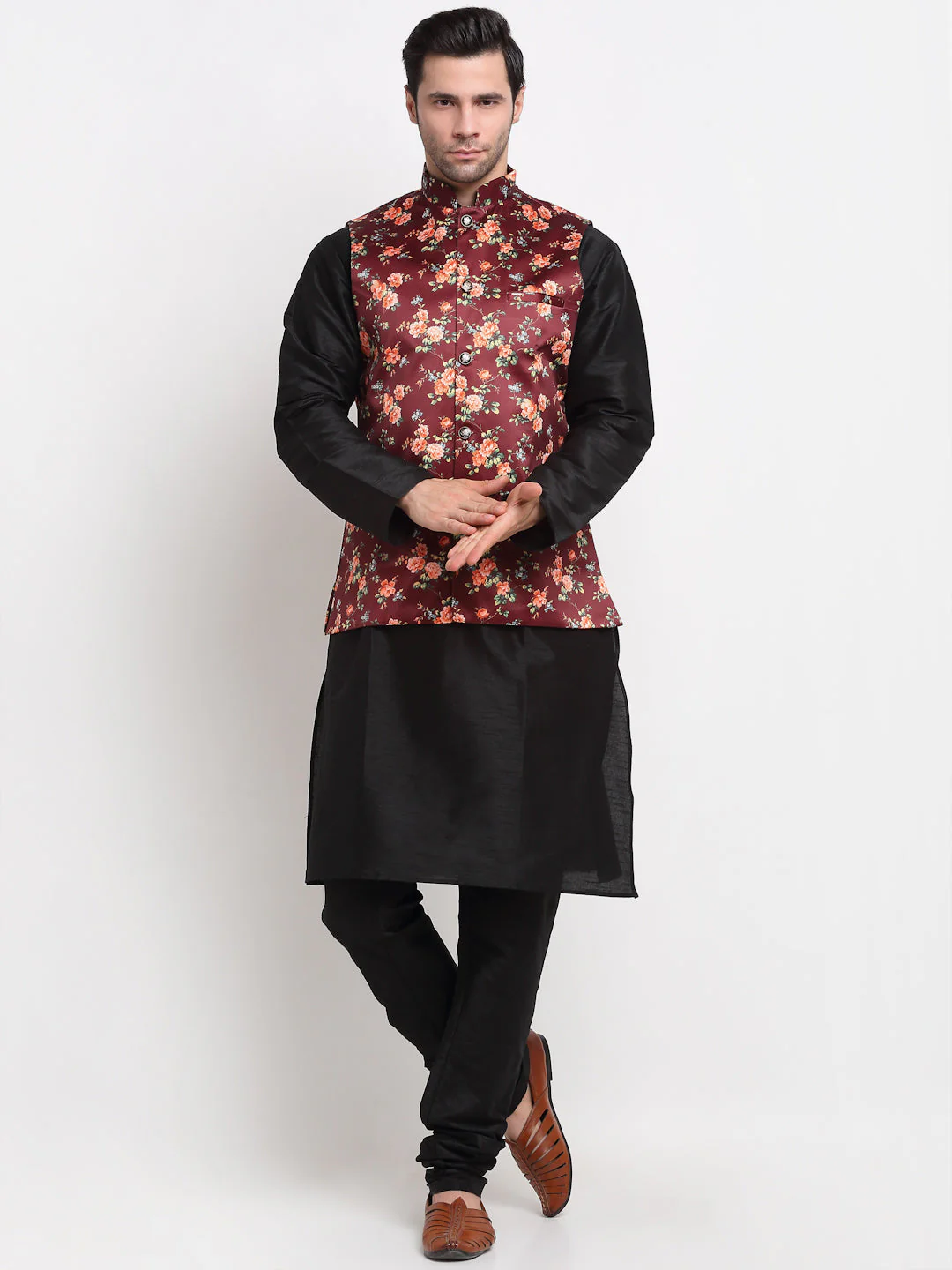 KRAFT INDIA Men Black Kurta Churidar With Maroon Floral Print Satin Nehru Jacket