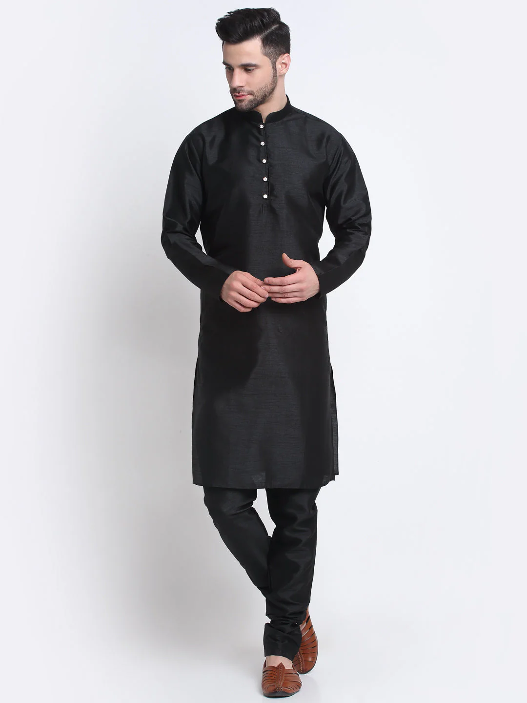 KRAFT INDIA Men Black Silk Kurta Churidar With Blue Printed Nehru Jacket - Image 6