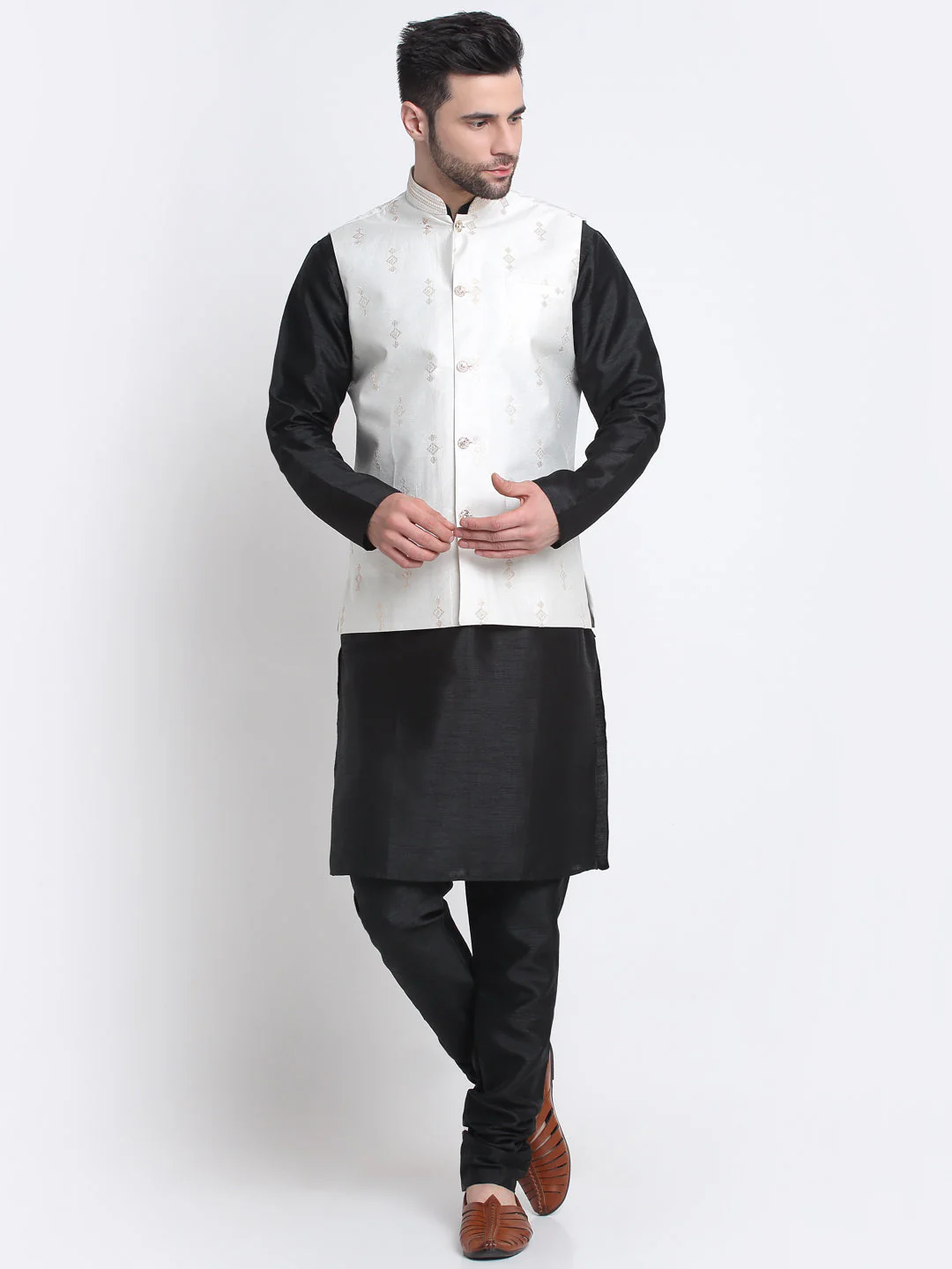KRAFT INDIA Men Black Silk Kurta & Churidar With Sequenced Nehru Jacket - Image 142