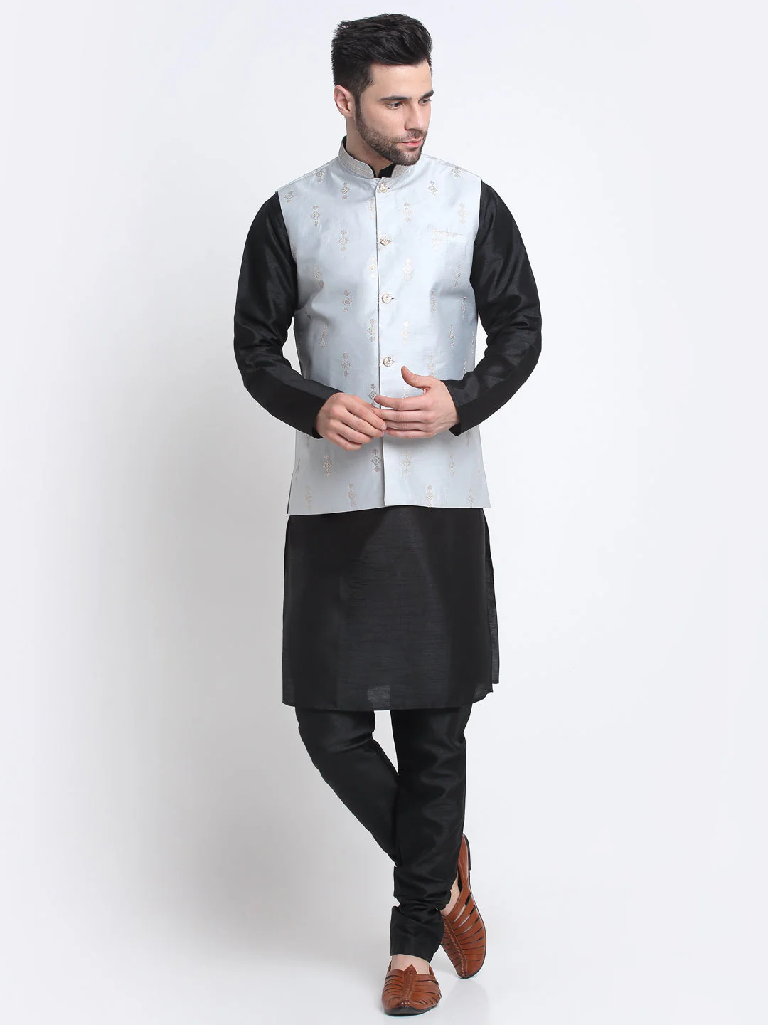 KRAFT INDIA Men Black Silk Kurta & Churidar With Sequenced Nehru Jacket - Image 146
