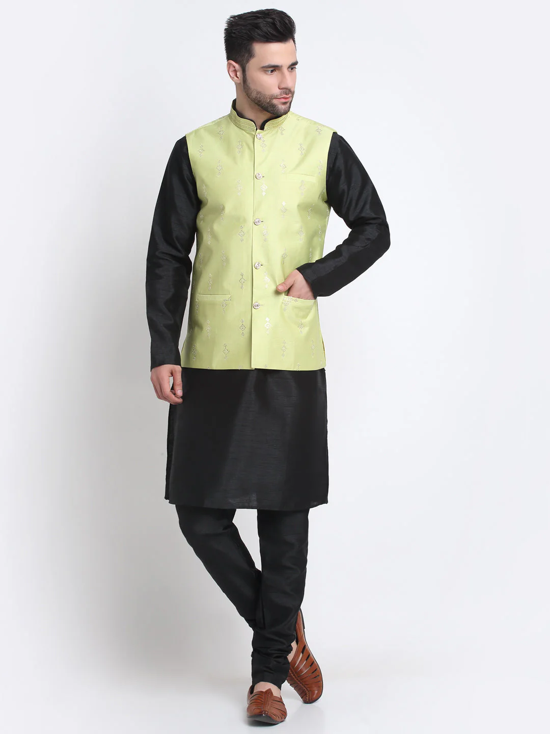 KRAFT INDIA Men Black Silk Kurta & Churidar With Sequenced Nehru Jacket - Image 214