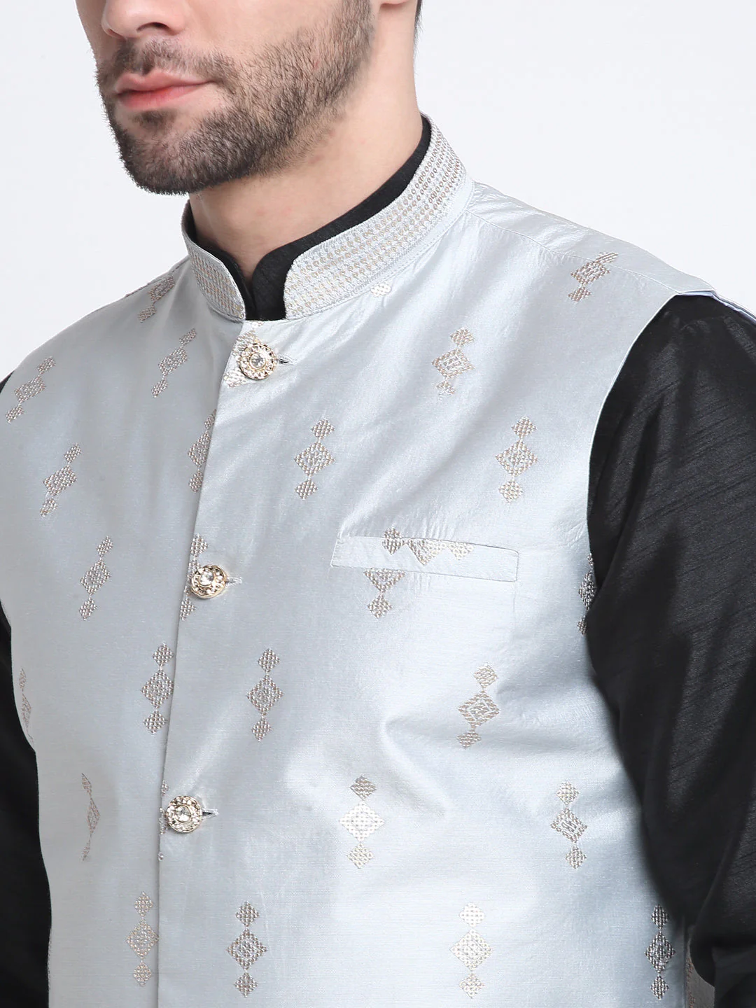 KRAFT INDIA Men Black Silk Kurta & Churidar With Sequenced Nehru Jacket - Image 23