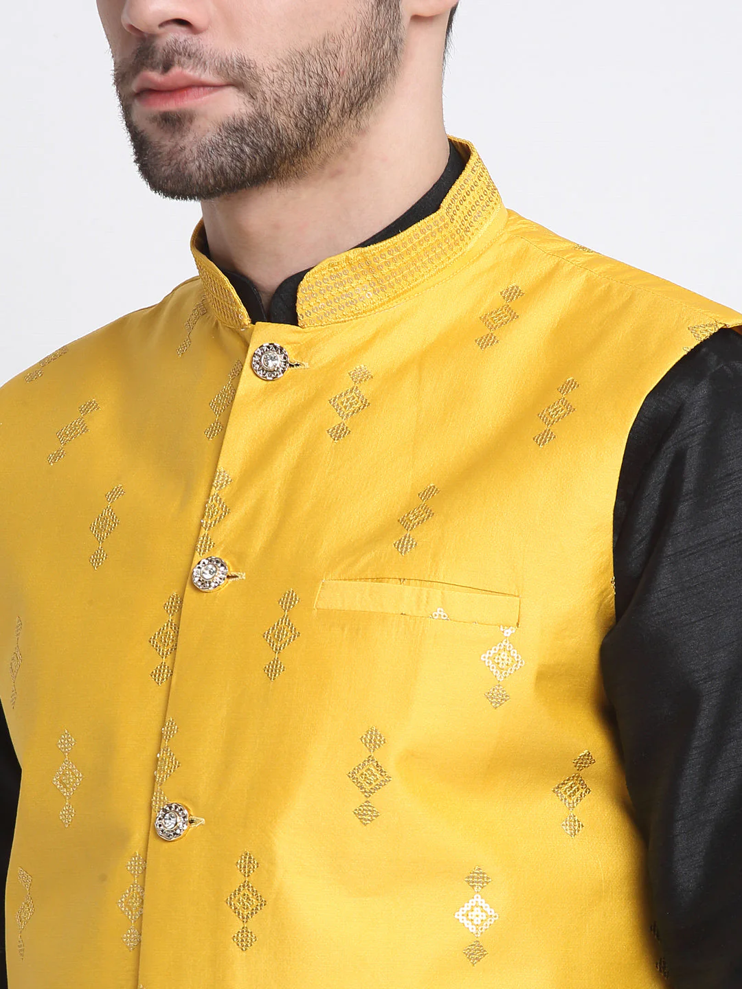 KRAFT INDIA Men Black Silk Kurta & Churidar With Sequenced Nehru Jacket - Image 32