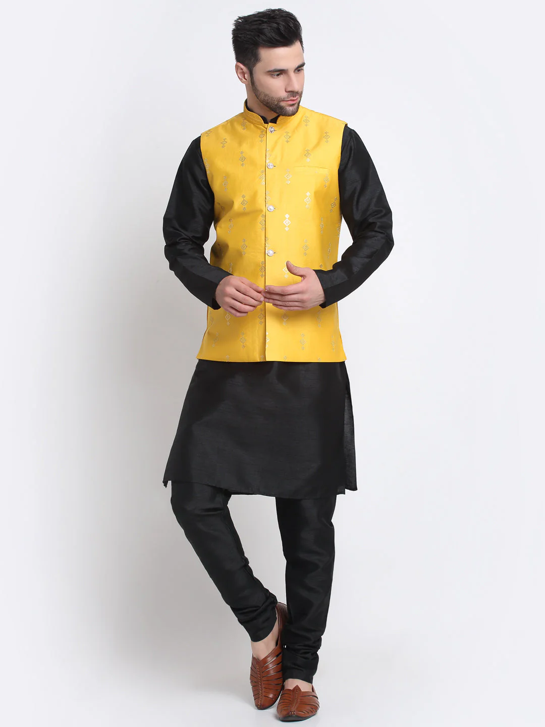 KRAFT INDIA Men Black Silk Kurta & Churidar With Sequenced Nehru Jacket - Image 87