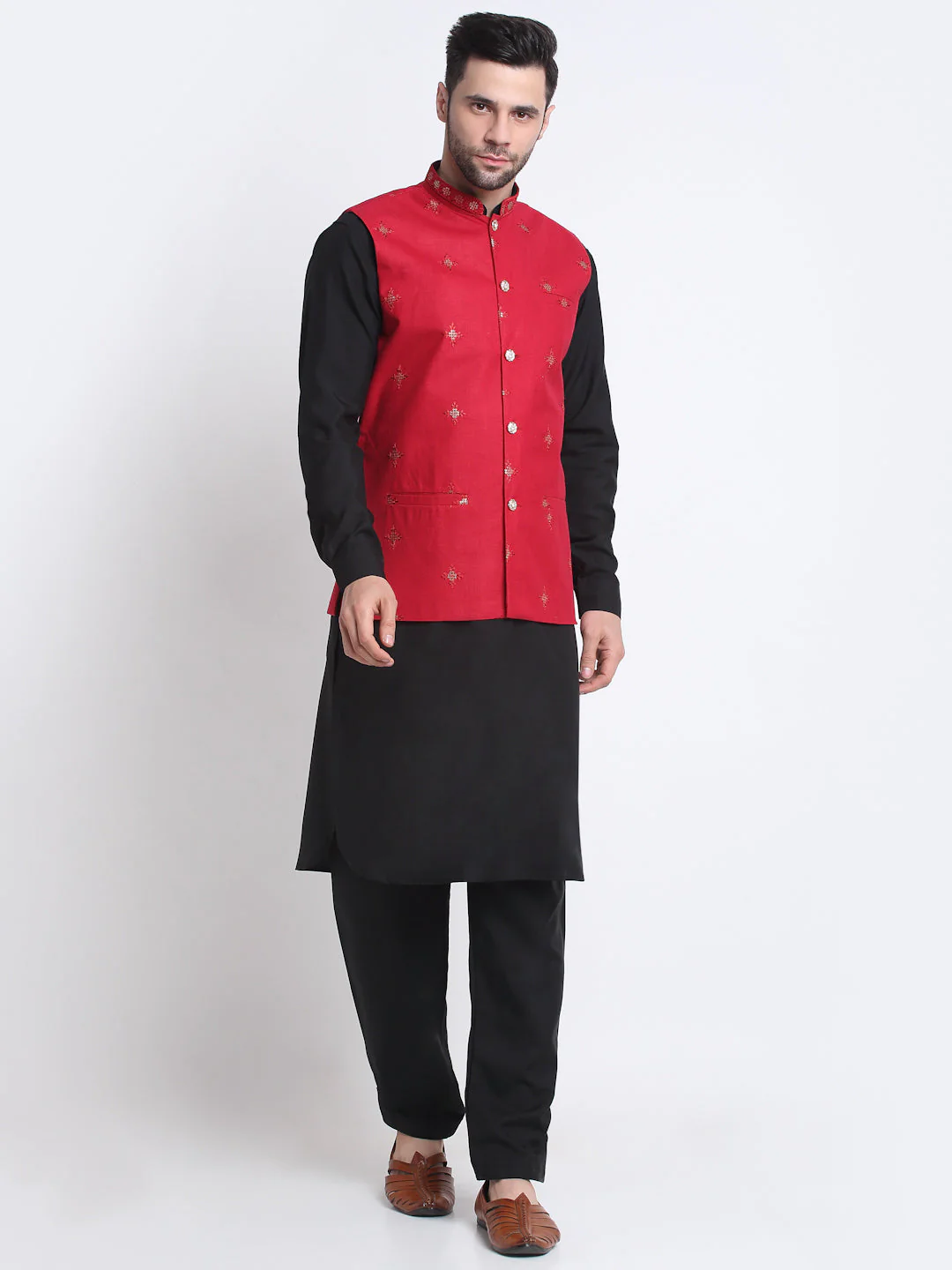 KRAFT INDIA Men Cotton Black Pathani Kurta & Salwar With Embroided Sequenced Nehru Jacket - Image 203