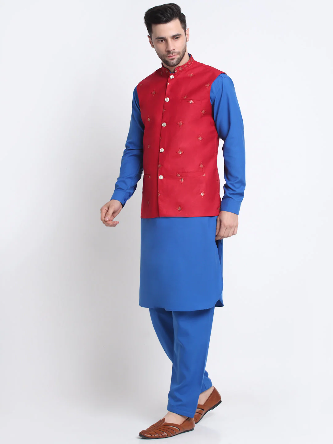 KRAFT INDIA Men Cotton Blue Pathani Kurta & Salwar With Embroided Sequenced Nehru Jacket - Image 10