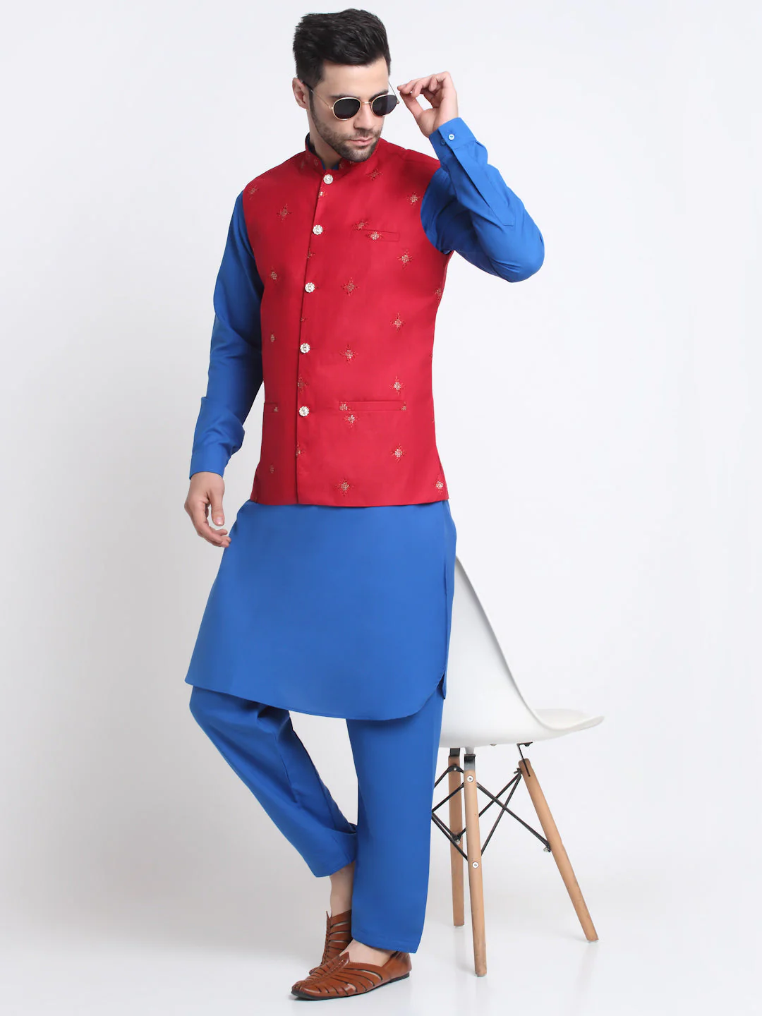 KRAFT INDIA Men Cotton Blue Pathani Kurta & Salwar With Embroided Sequenced Nehru Jacket - Image 14