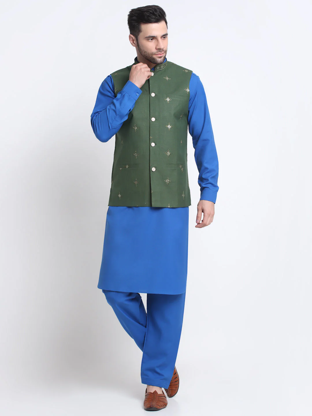 KRAFT INDIA Men Cotton Blue Pathani Kurta & Salwar With Embroided Sequenced Nehru Jacket - Image 16