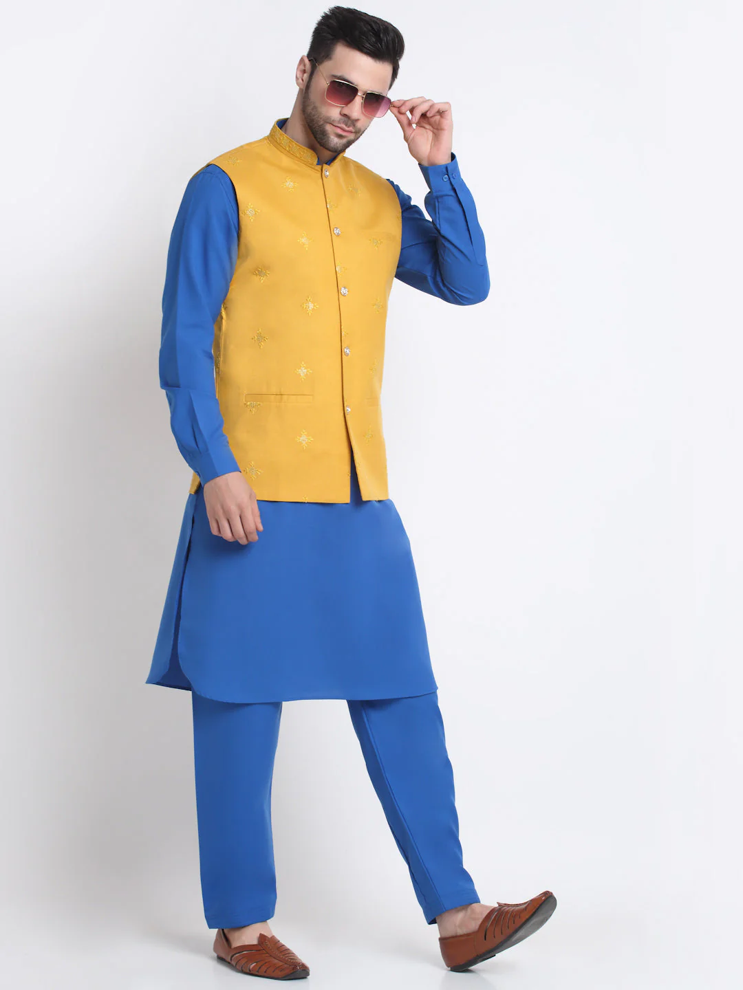 KRAFT INDIA Men Cotton Blue Pathani Kurta & Salwar With Embroided Sequenced Nehru Jacket - Image 34
