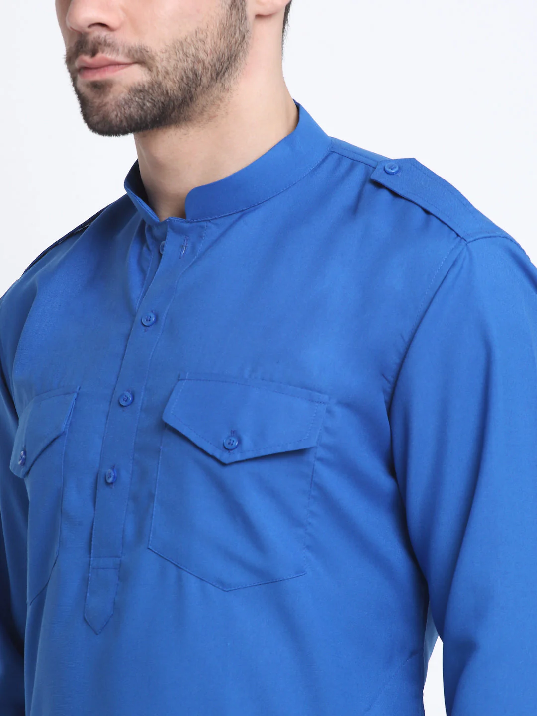 KRAFT INDIA Men Cotton Blue Pathani Kurta & Salwar With Embroided Sequenced Nehru Jacket - Image 46