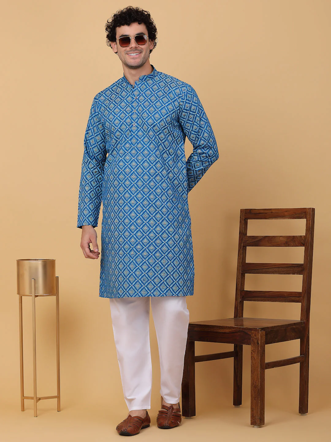 KRAFT INDIA Men Cotton Floral Gold Print Ethnic motif Knee Length Kurta Only - Image 10