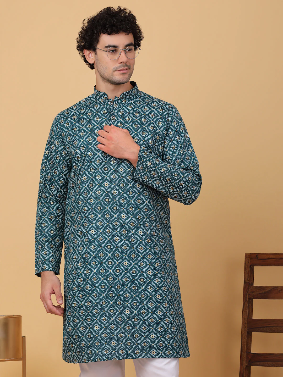 KRAFT INDIA Men Cotton Floral Gold Print Ethnic motif Knee Length Kurta Only - Image 14