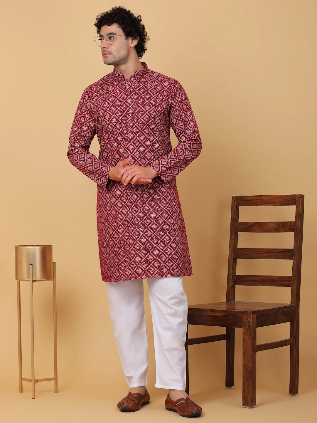 KRAFT INDIA Men Cotton Floral Gold Print Ethnic motif Knee Length Kurta Only - Image 20
