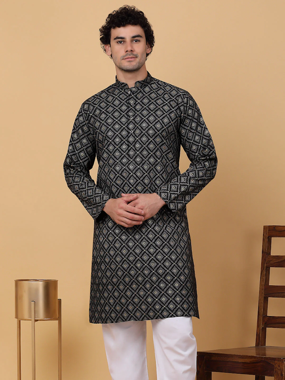 KRAFT INDIA Men Cotton Floral Gold Print Ethnic motif Knee Length Kurta Only - Image 24