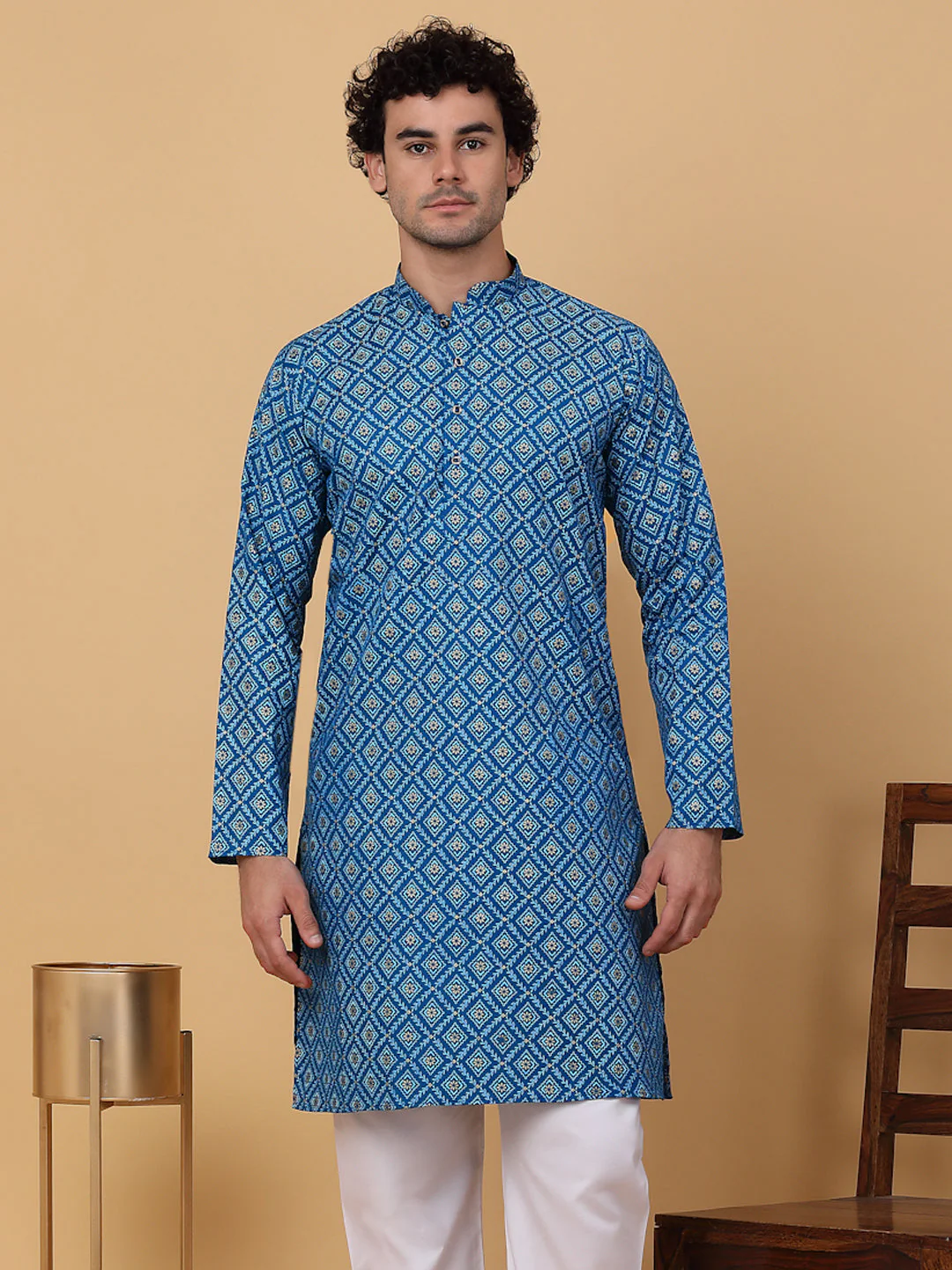 KRAFT INDIA Men Cotton Floral Gold Print Ethnic motif Knee Length Kurta Only - Image 28