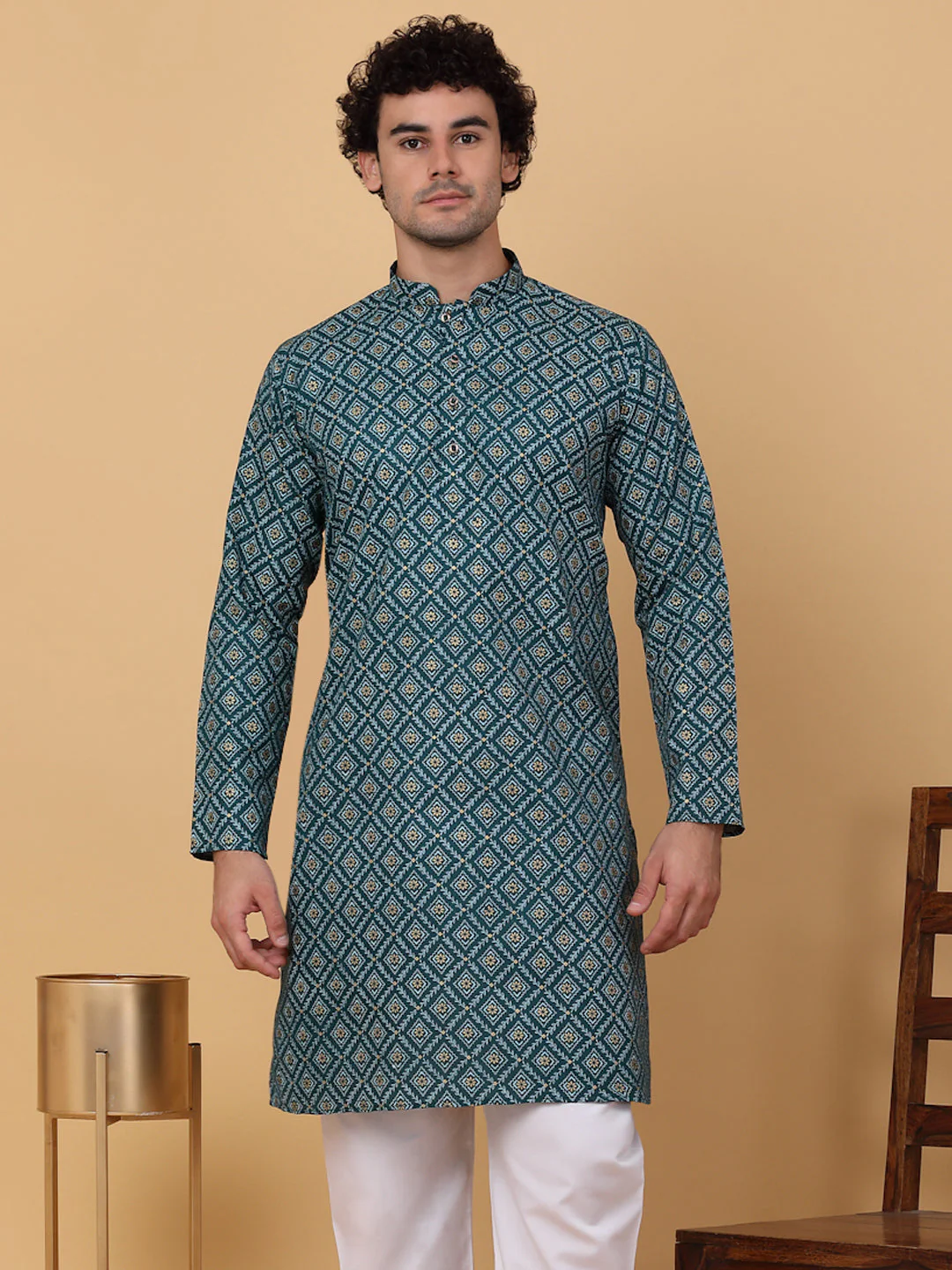KRAFT INDIA Men Cotton Floral Gold Print Ethnic motif Knee Length Kurta Only - Image 31