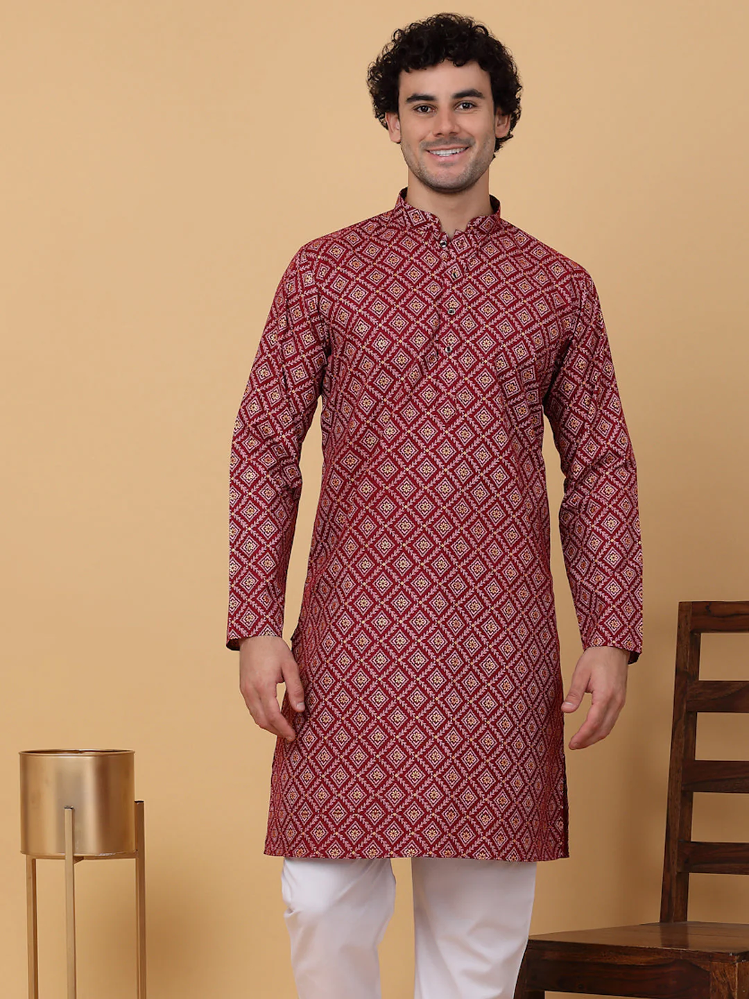 KRAFT INDIA Men Cotton Floral Gold Print Ethnic motif Knee Length Kurta Only - Image 34