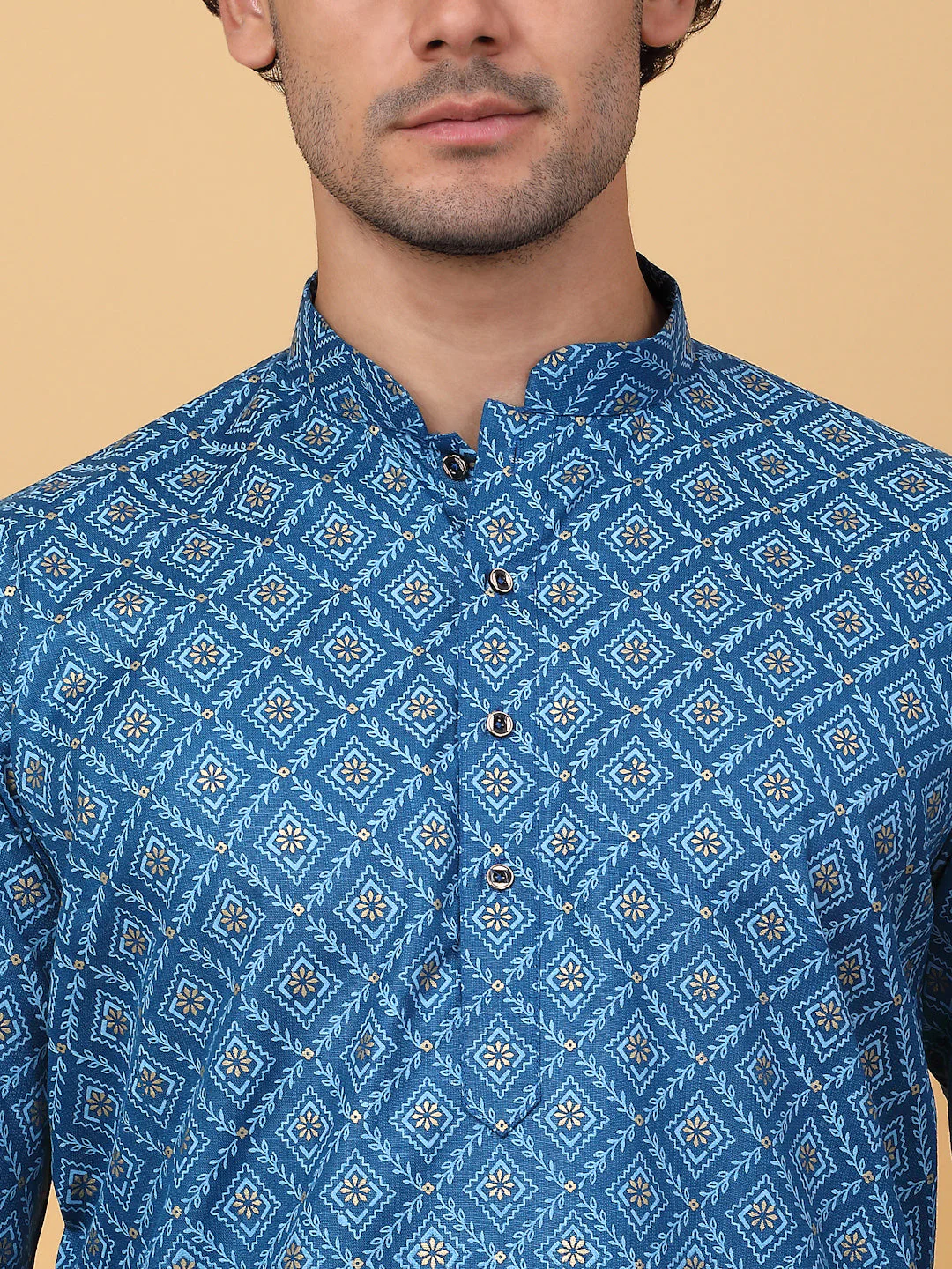KRAFT INDIA Men Cotton Floral Gold Print Ethnic motif Knee Length Kurta Only - Image 8