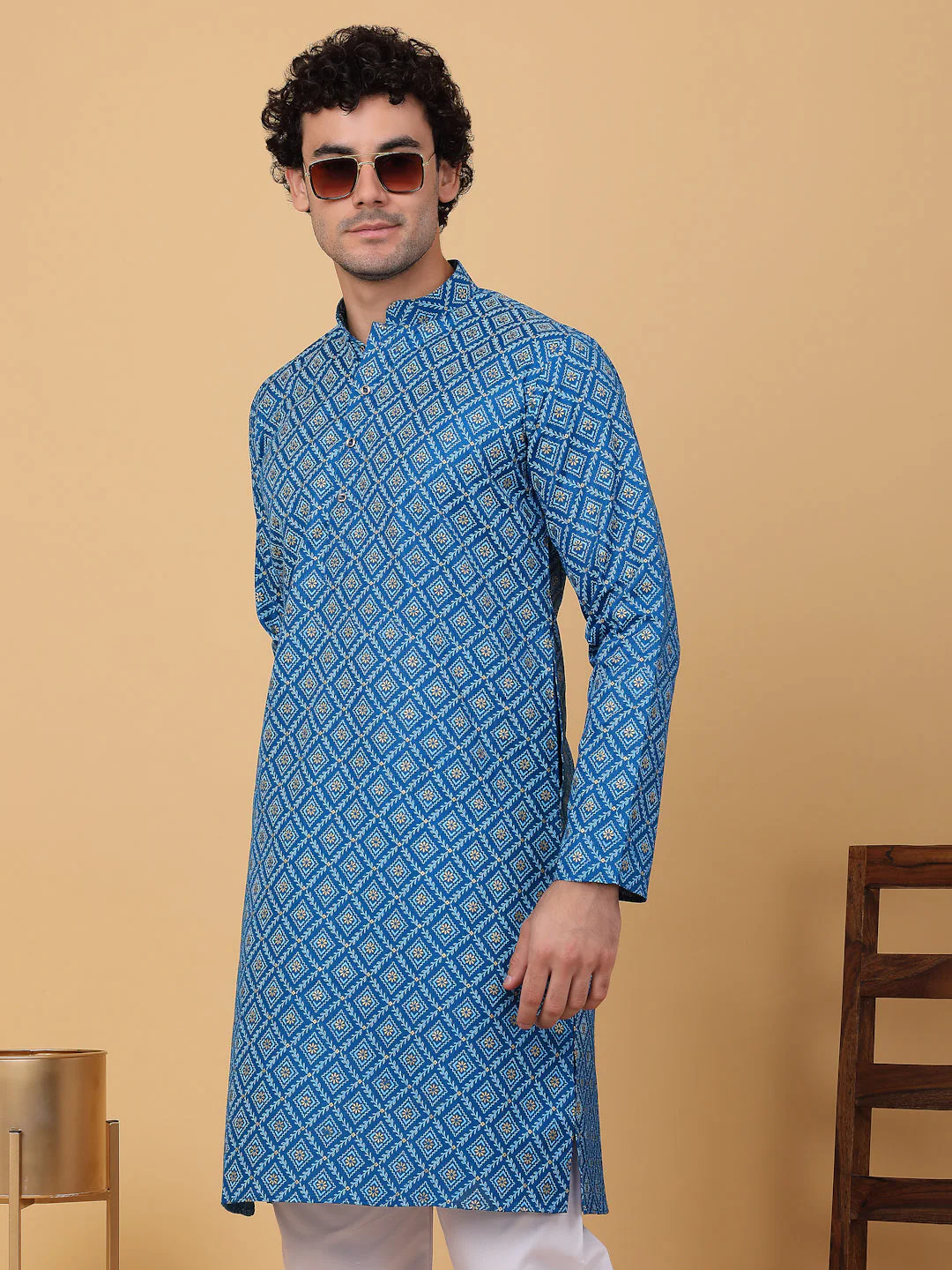 KRAFT INDIA Men Cotton Floral Gold Print Ethnic motif Knee Length Kurta Only - Image 9
