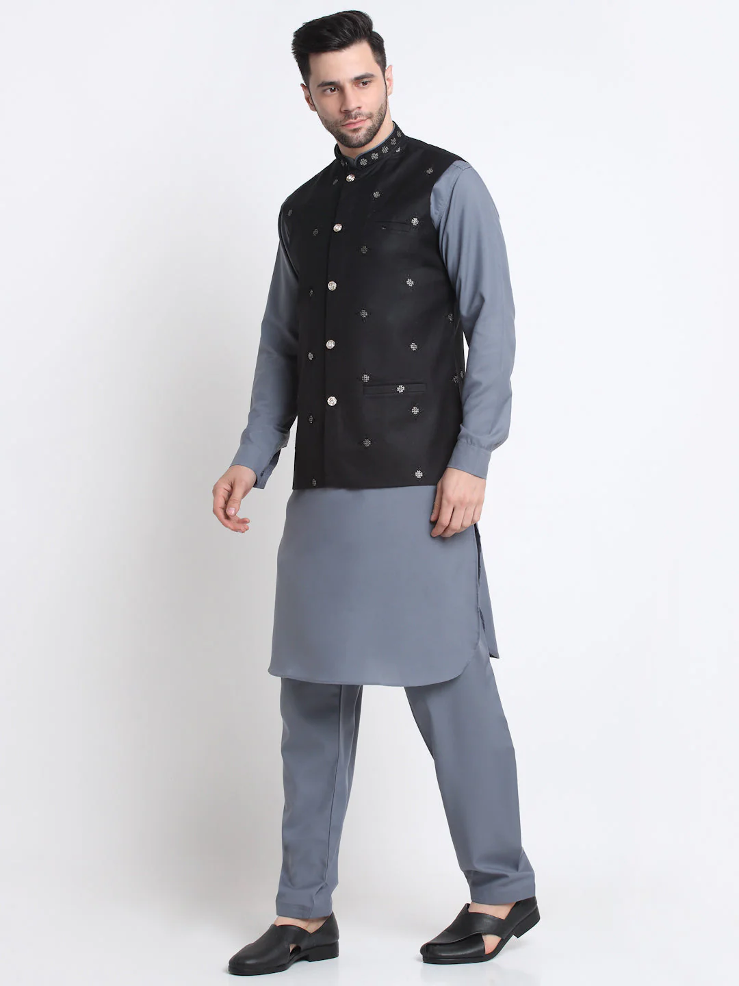 KRAFT INDIA Men Cotton Grey Pathani Kurta & Salwar With Embroided Sequenced Nehru Jacket - Image 104