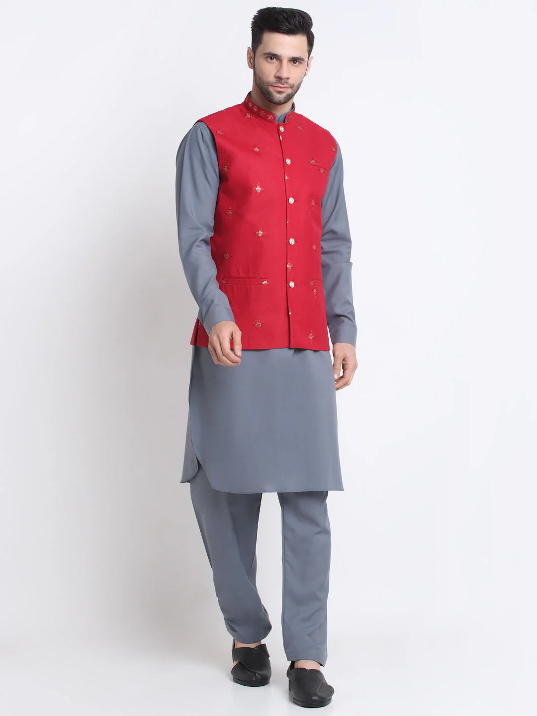 KRAFT INDIA Men Cotton Grey Pathani Kurta & Salwar With Embroided Sequenced Nehru Jacket - Image 130