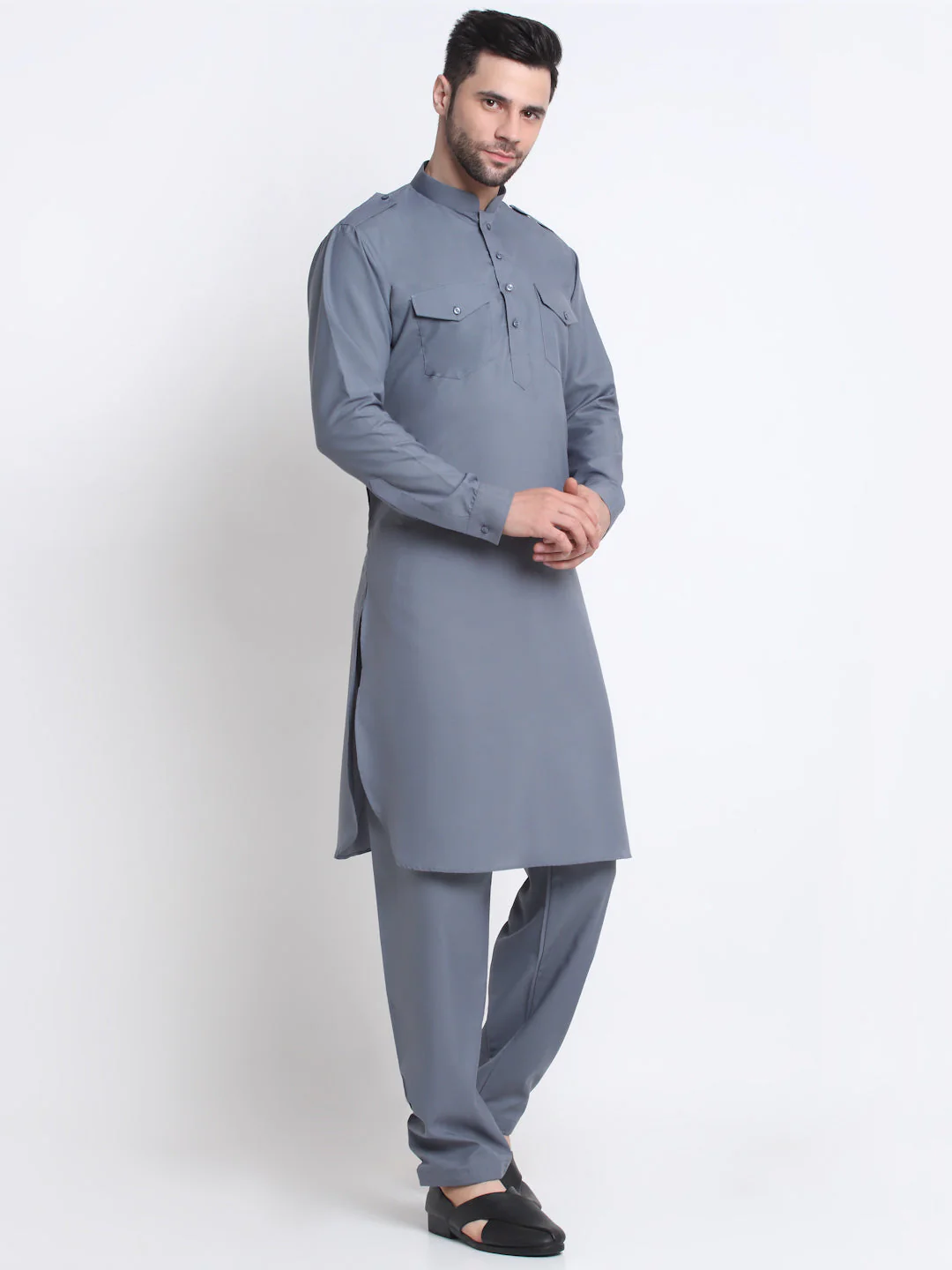 KRAFT INDIA Men Cotton Grey Pathani Kurta & Salwar With Embroided Sequenced Nehru Jacket - Image 16