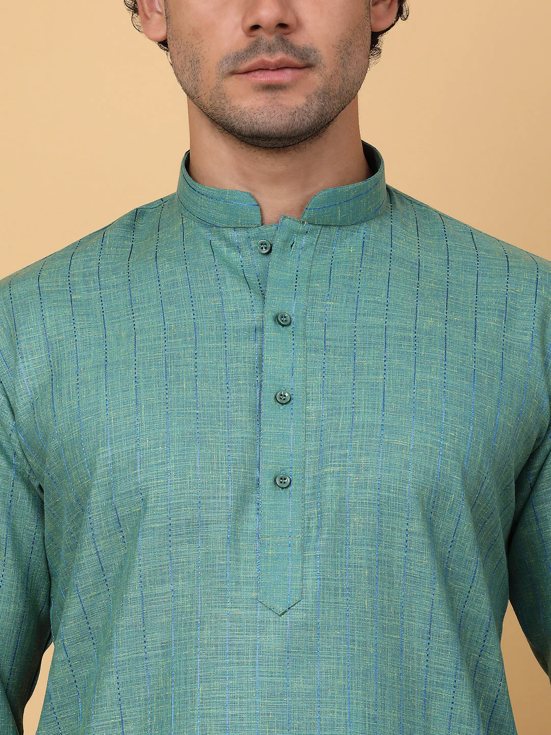 KRAFT INDIA Men Cotton Linen Striped Thread Work Knee Length Kurta Only - Image 3