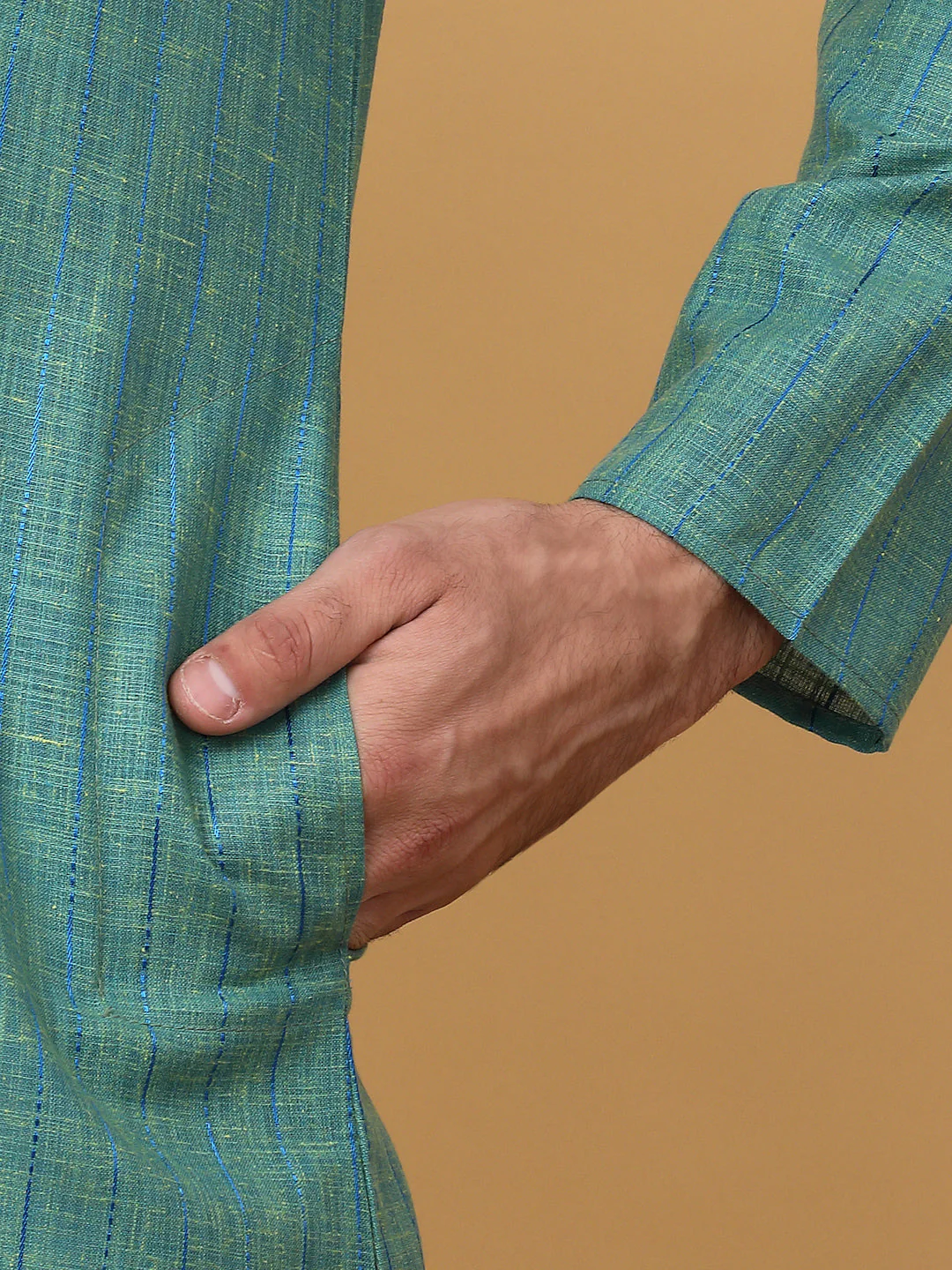 KRAFT INDIA Men Cotton Linen Striped Thread Work Knee Length Kurta Only - Image 4