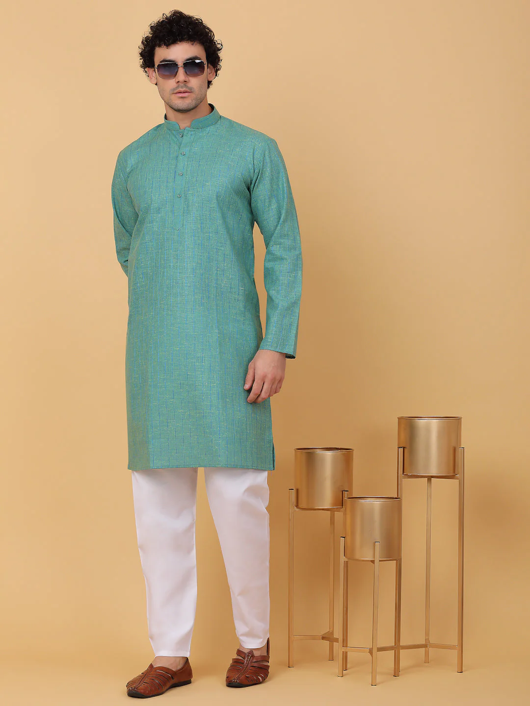 KRAFT INDIA Men Cotton Linen Striped Thread Work Knee Length Kurta Only - Image 5