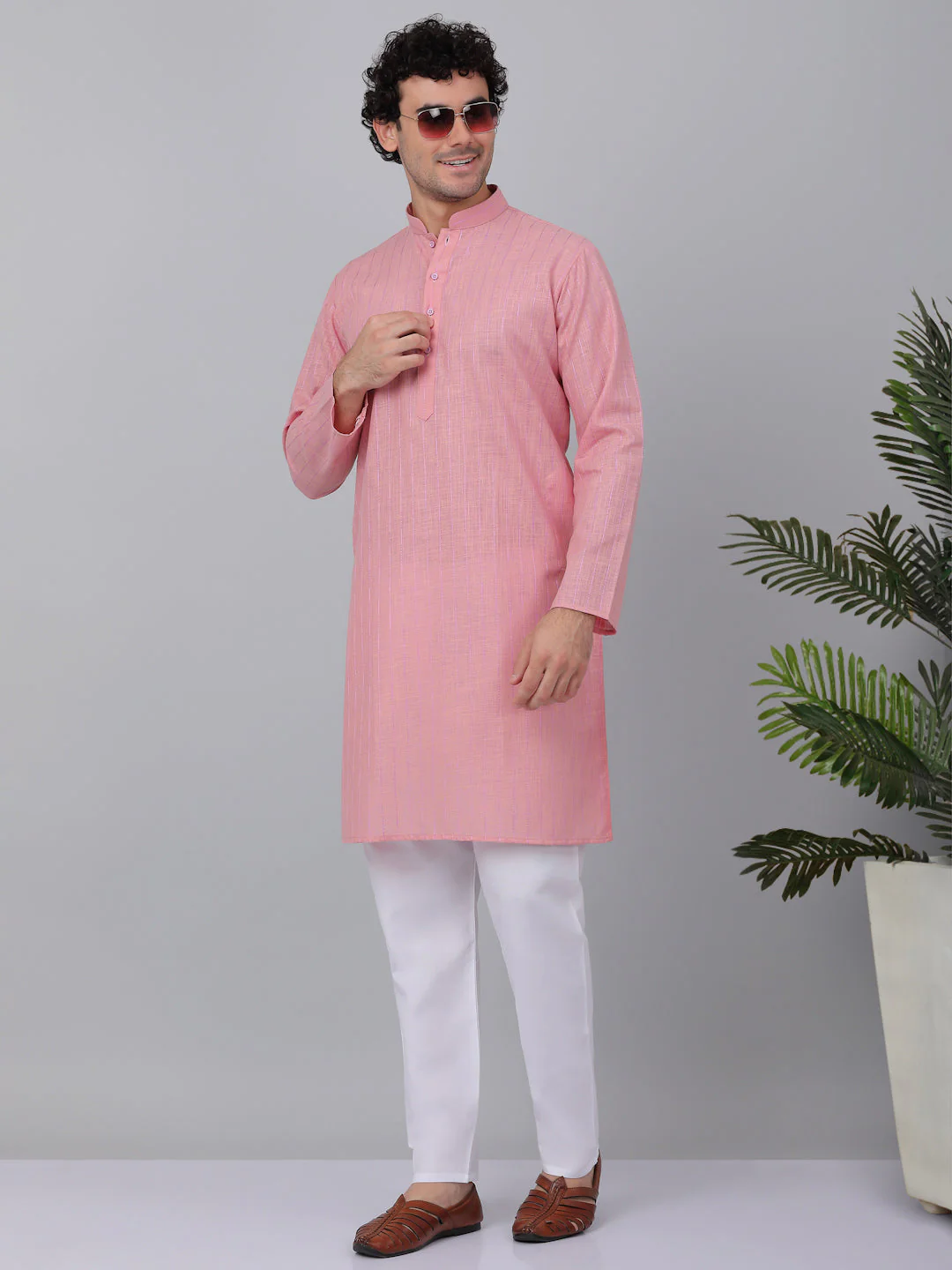 KRAFT INDIA Men Cotton Linen Striped Thread Work Knee Length Kurta With White Elastic Waistband Pyjama Set - Image 5