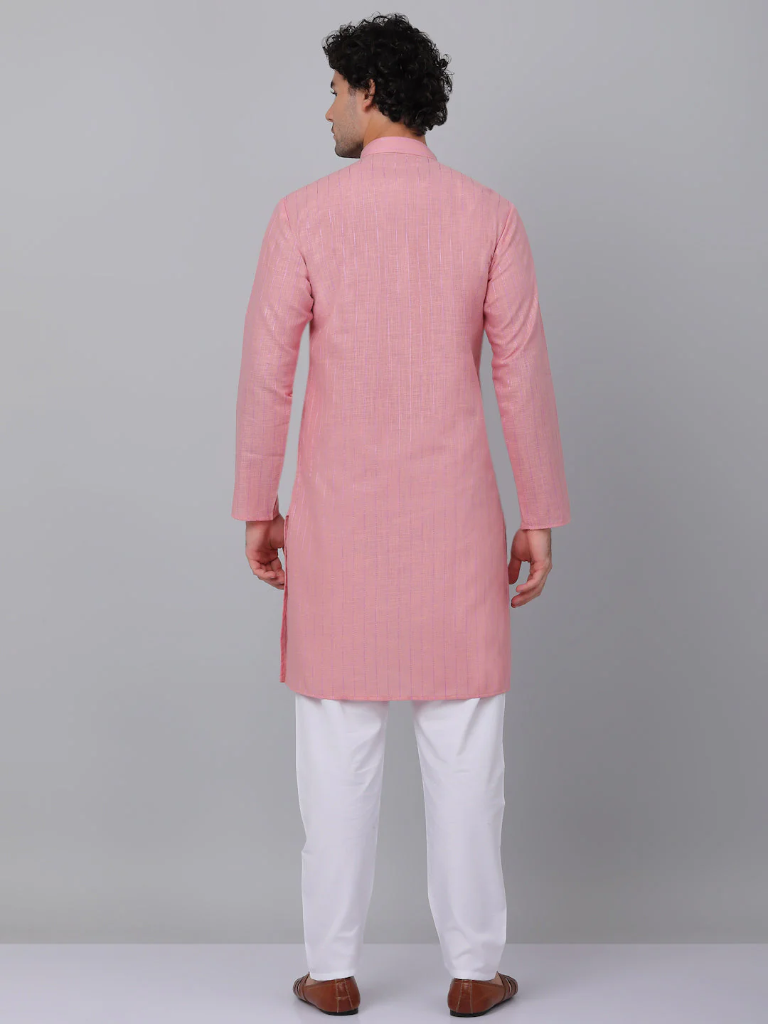 KRAFT INDIA Men Cotton Linen Striped Thread Work Knee Length Kurta With White Elastic Waistband Pyjama Set - Image 6