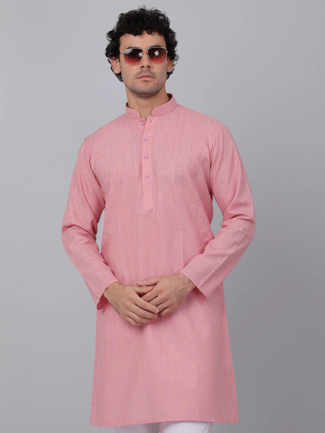KRAFT INDIA Men Cotton Linen Striped Thread Work Knee Length Kurta With White Elastic Waistband Pyjama Set - Image 8