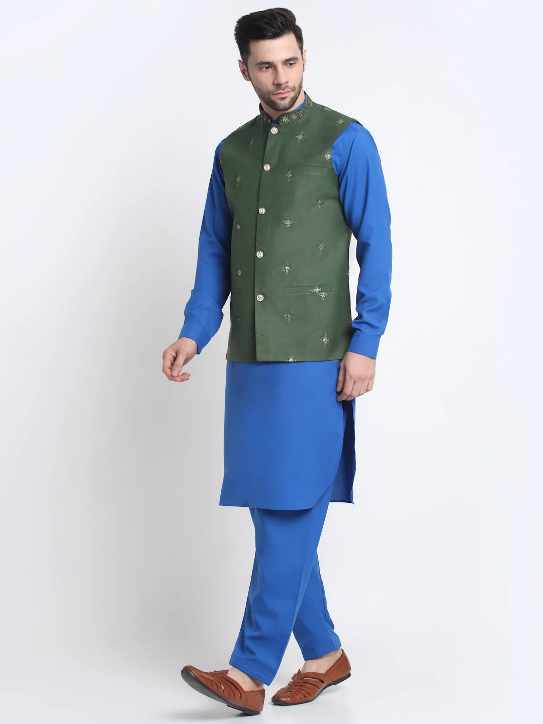 KRAFT INDIA Men Cotton Royal Blue Pathani Kurta & Salwar With Embroided Sequenced Nehru Jacket
