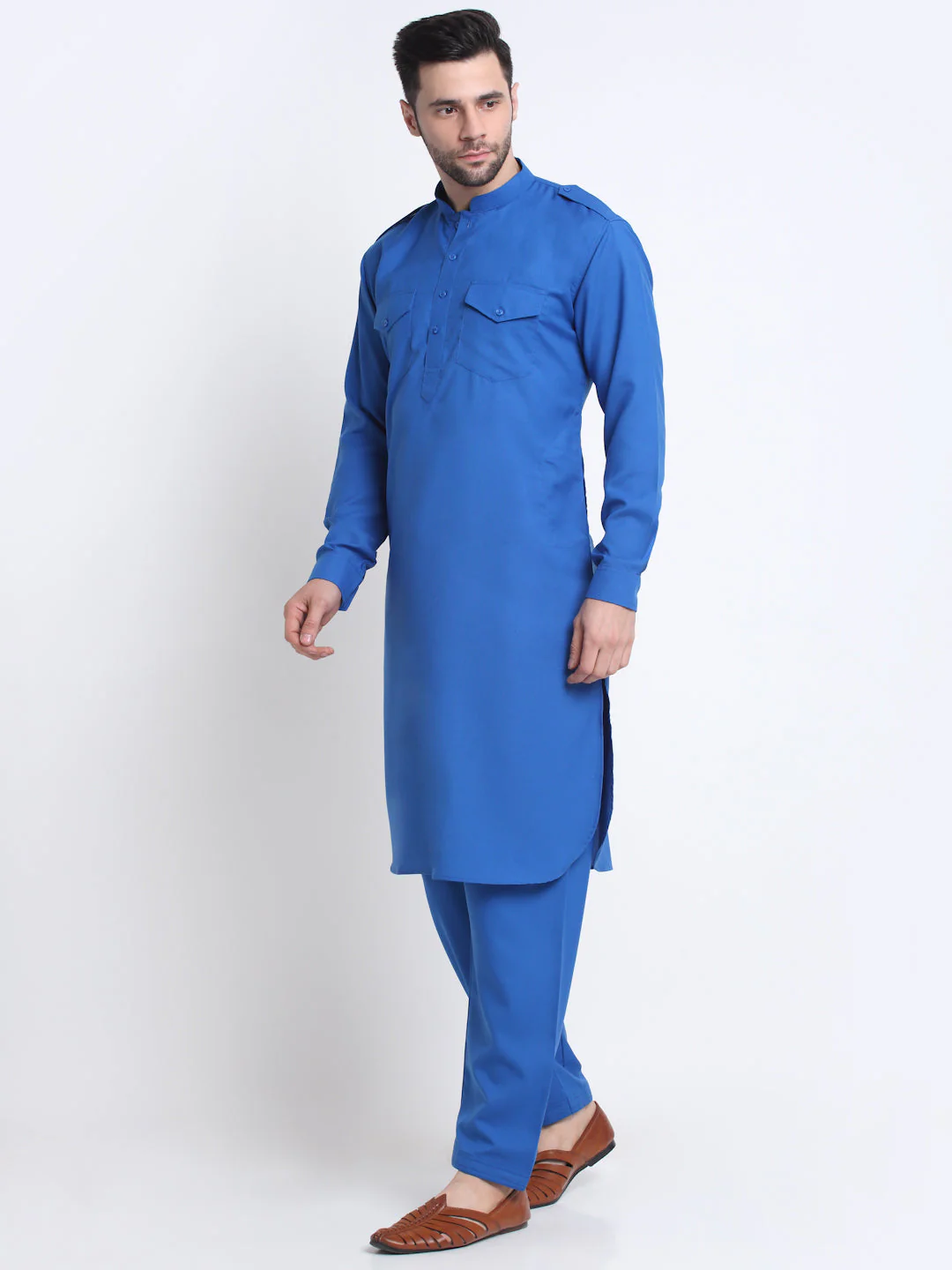 KRAFT INDIA Men Cotton Royal Blue Pathani Kurta & Salwar With Embroided Sequenced Nehru Jacket - Image 16
