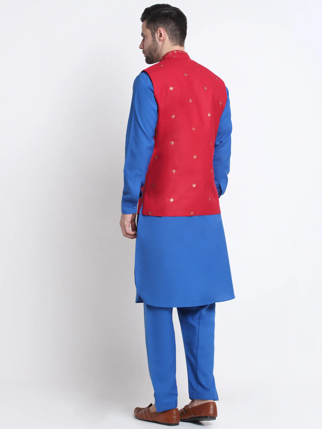 KRAFT INDIA Men Cotton Royal Blue Pathani Kurta & Salwar With Embroided Sequenced Nehru Jacket - Image 20