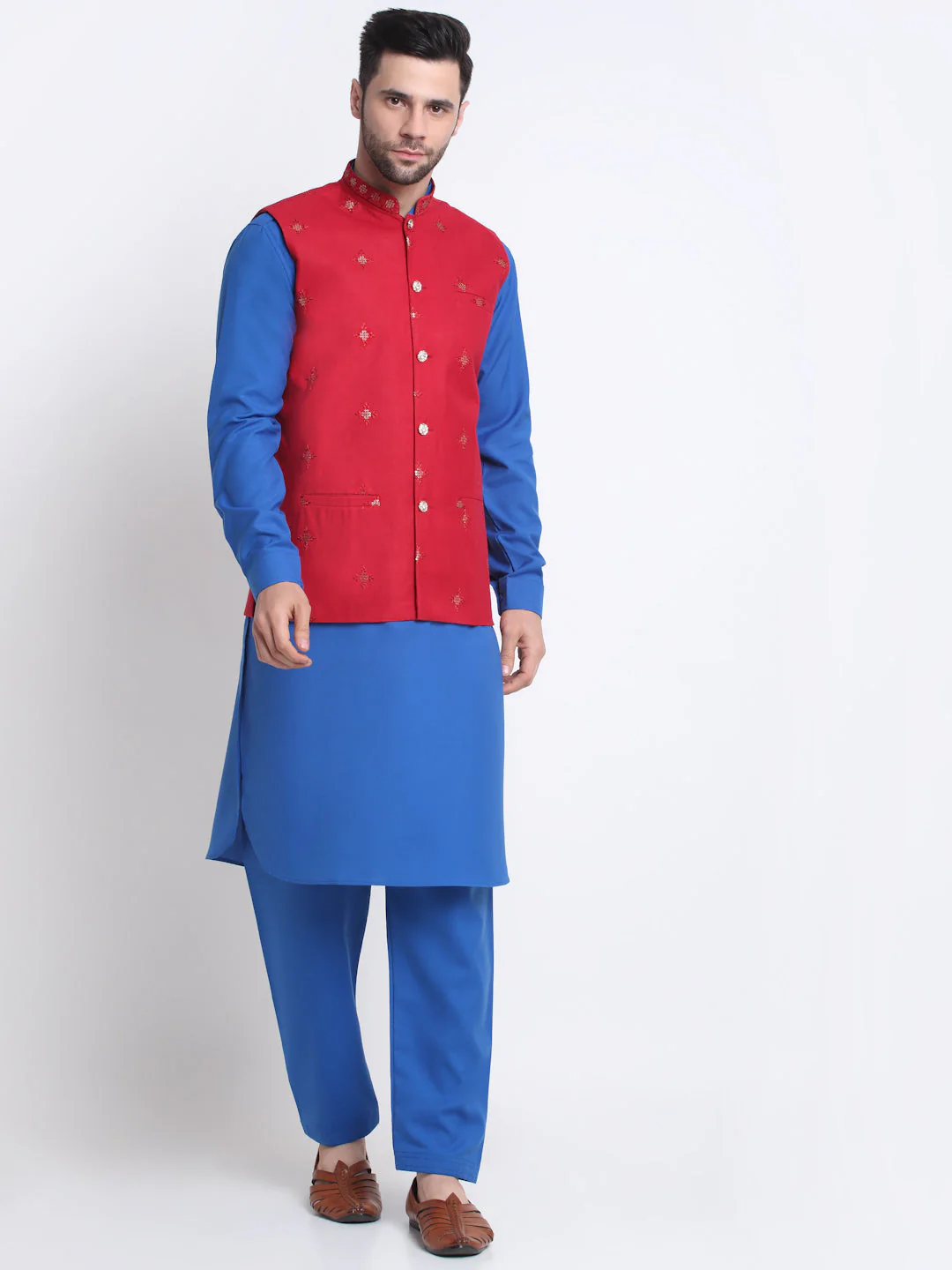 KRAFT INDIA Men Cotton Royal Blue Pathani Kurta & Salwar With Embroided Sequenced Nehru Jacket - Image 21