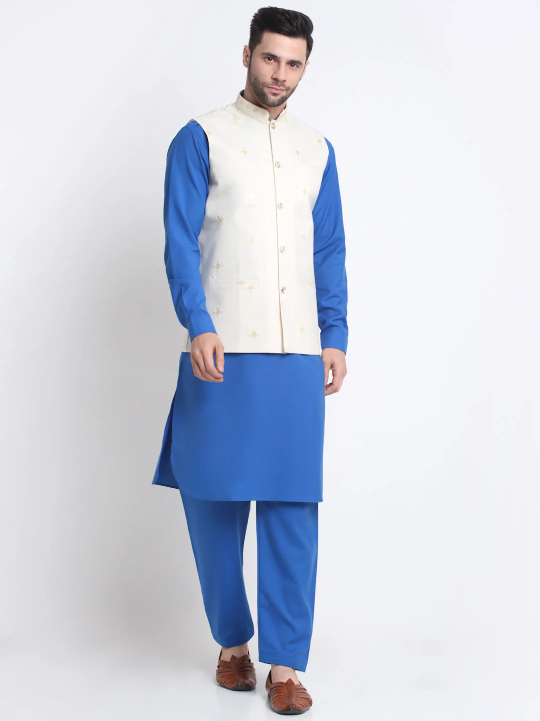 KRAFT INDIA Men Cotton Royal Blue Pathani Kurta & Salwar With Embroided Sequenced Nehru Jacket - Image 30